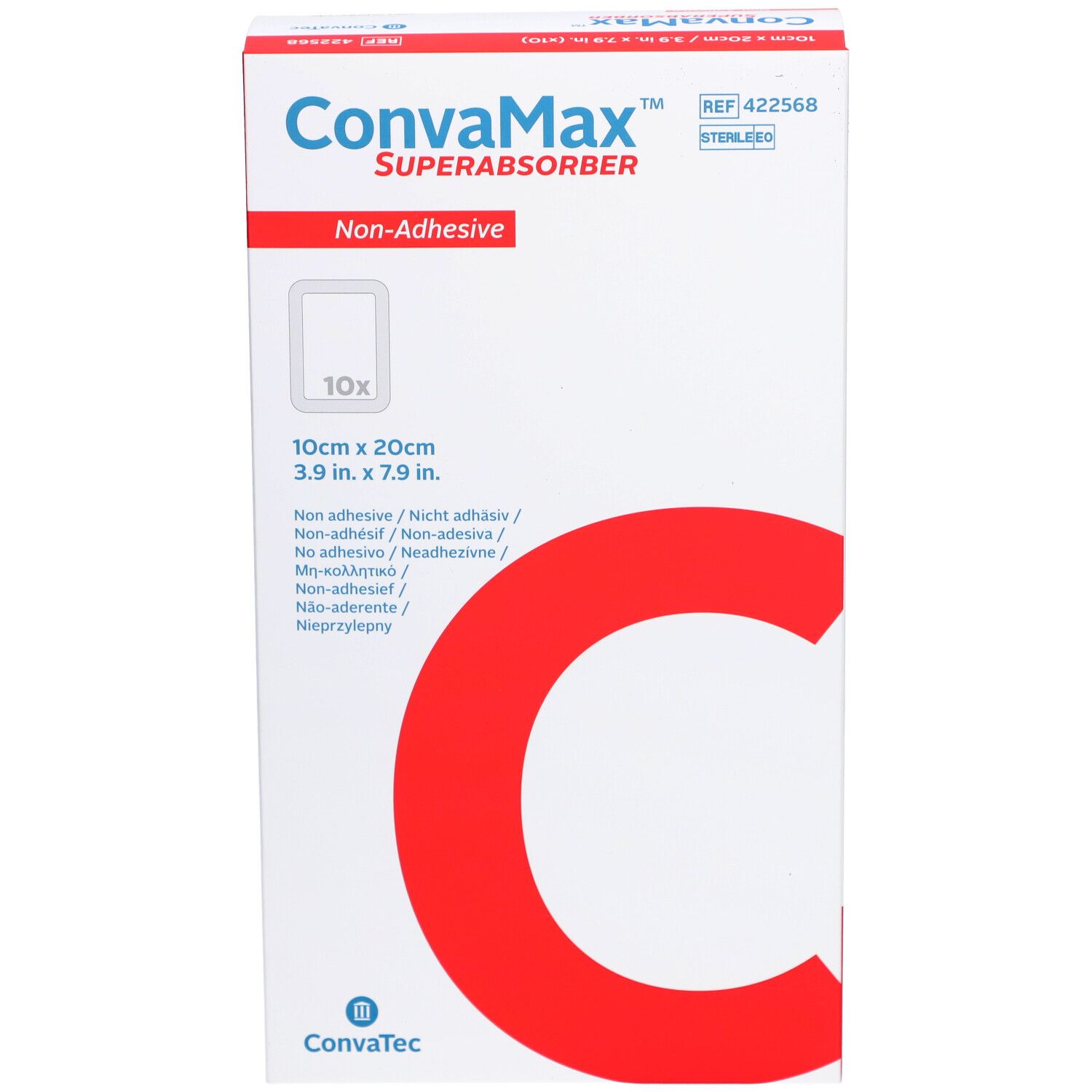 Boîte CONVAMAX Superabsorber, 10x20cm, non adhésif. Boîte blanche avec 'C' rouge.