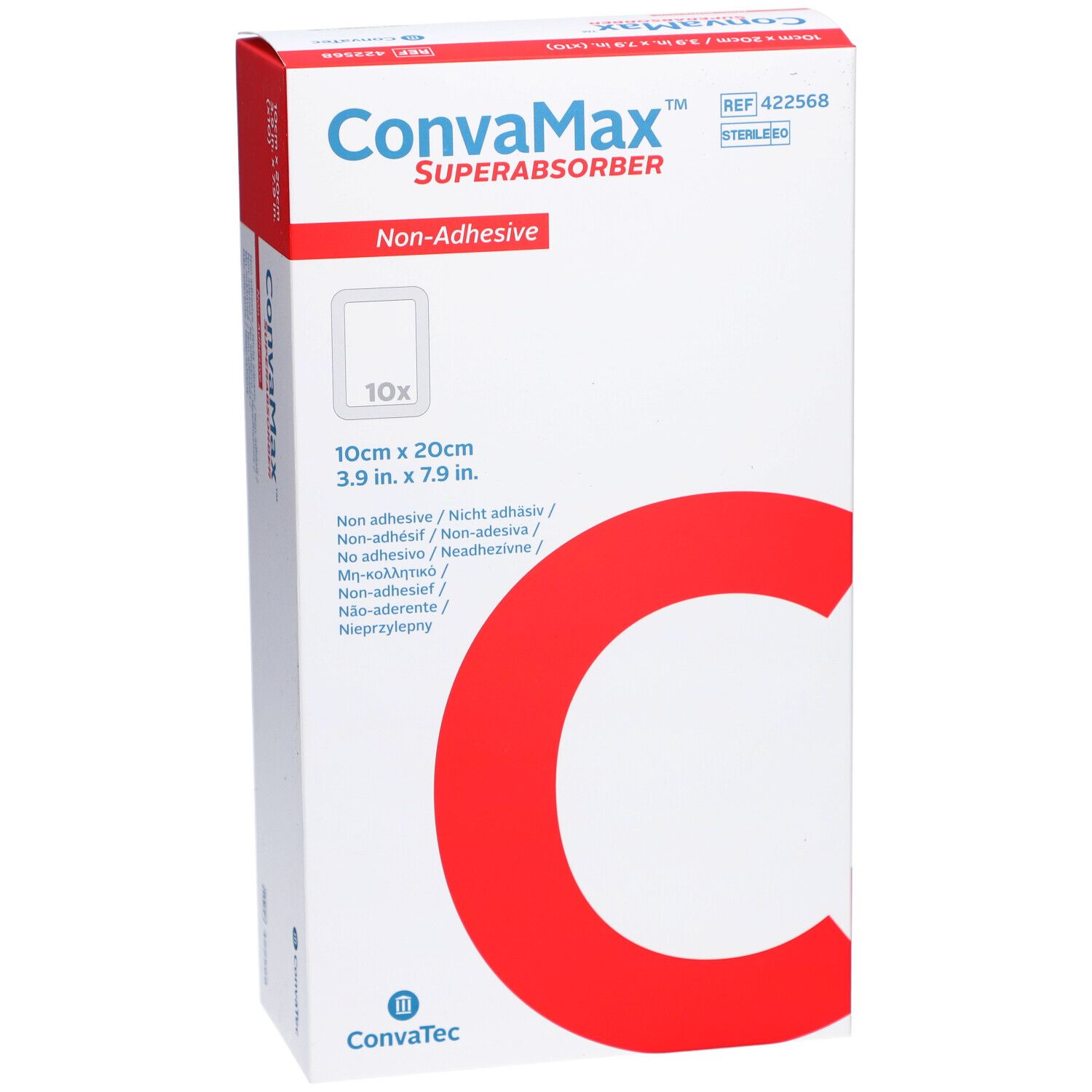 Boîte CONVAMAX Superabsorber, 10x20cm, non adhésif. Boîte blanche avec accent rouge.