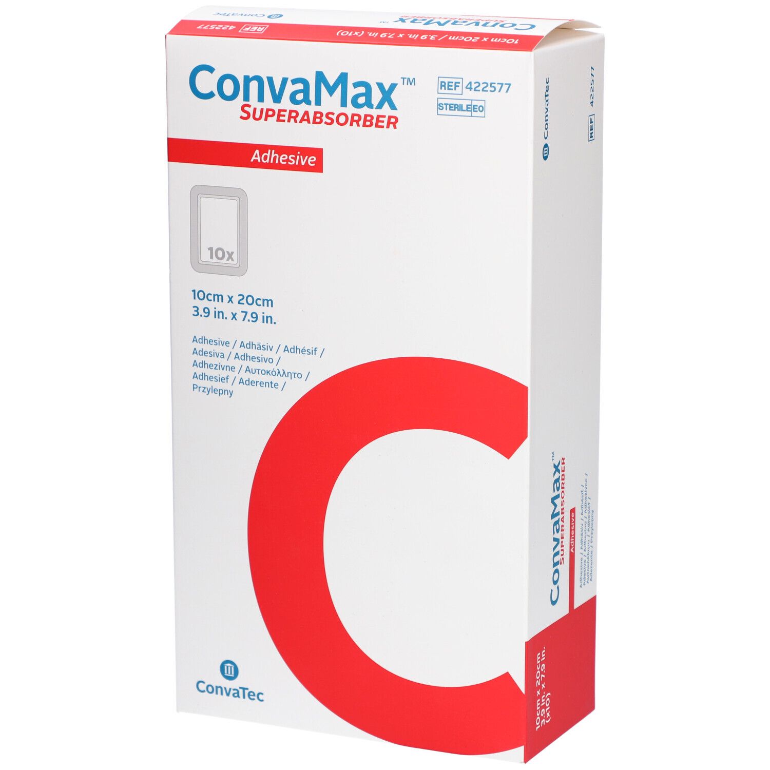 Verpackung von CONVAMAX Superabsorber. Weißer Karton mit rotem "C". Produktname und Maße 10x20cm. 10 Stück. Adhäsiv.