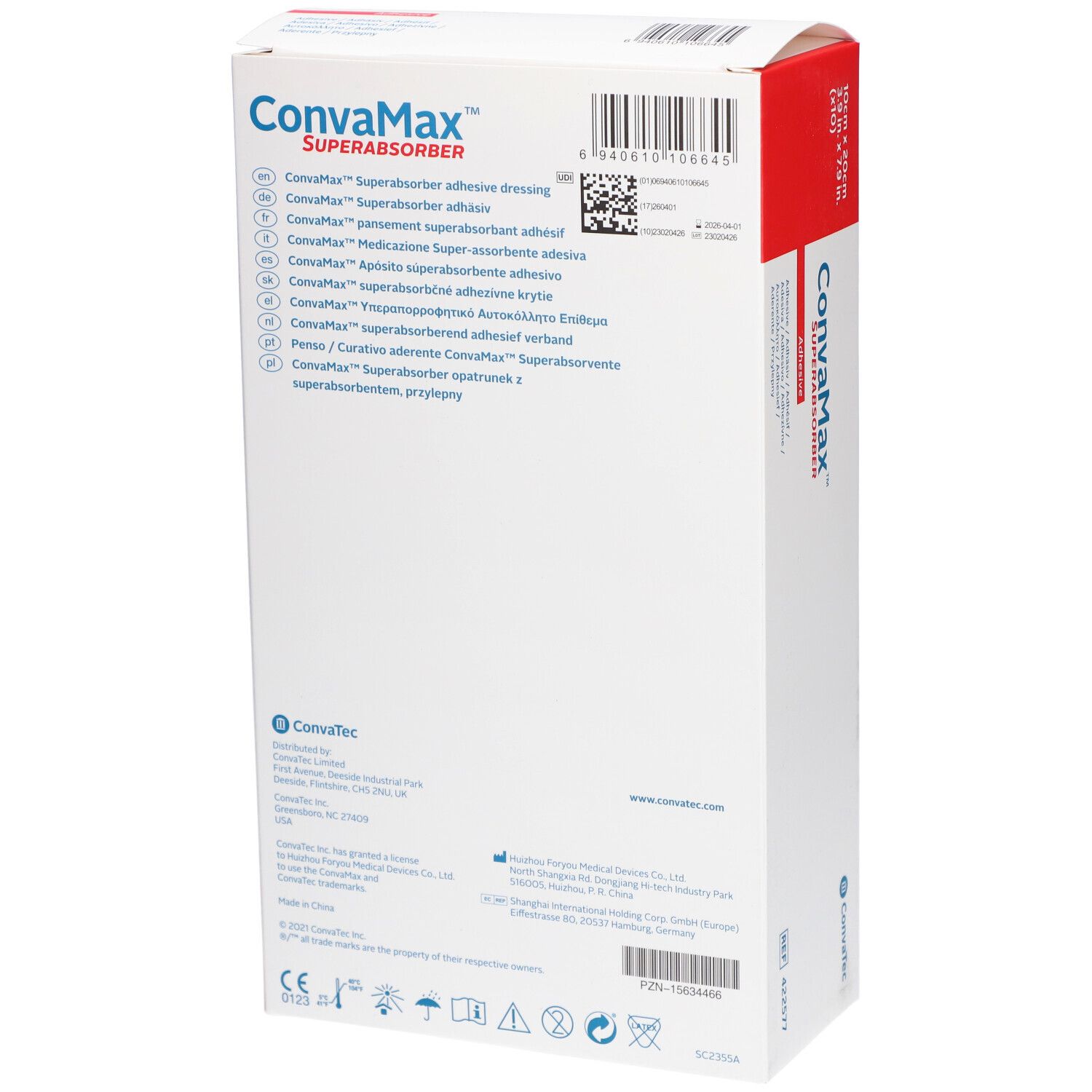 Rückseite der CONVAMAX Superabsorber Verpackung. Produktinformationen, Barcode, Herstellerangaben. Weißer Karton mit rotem Akzent.