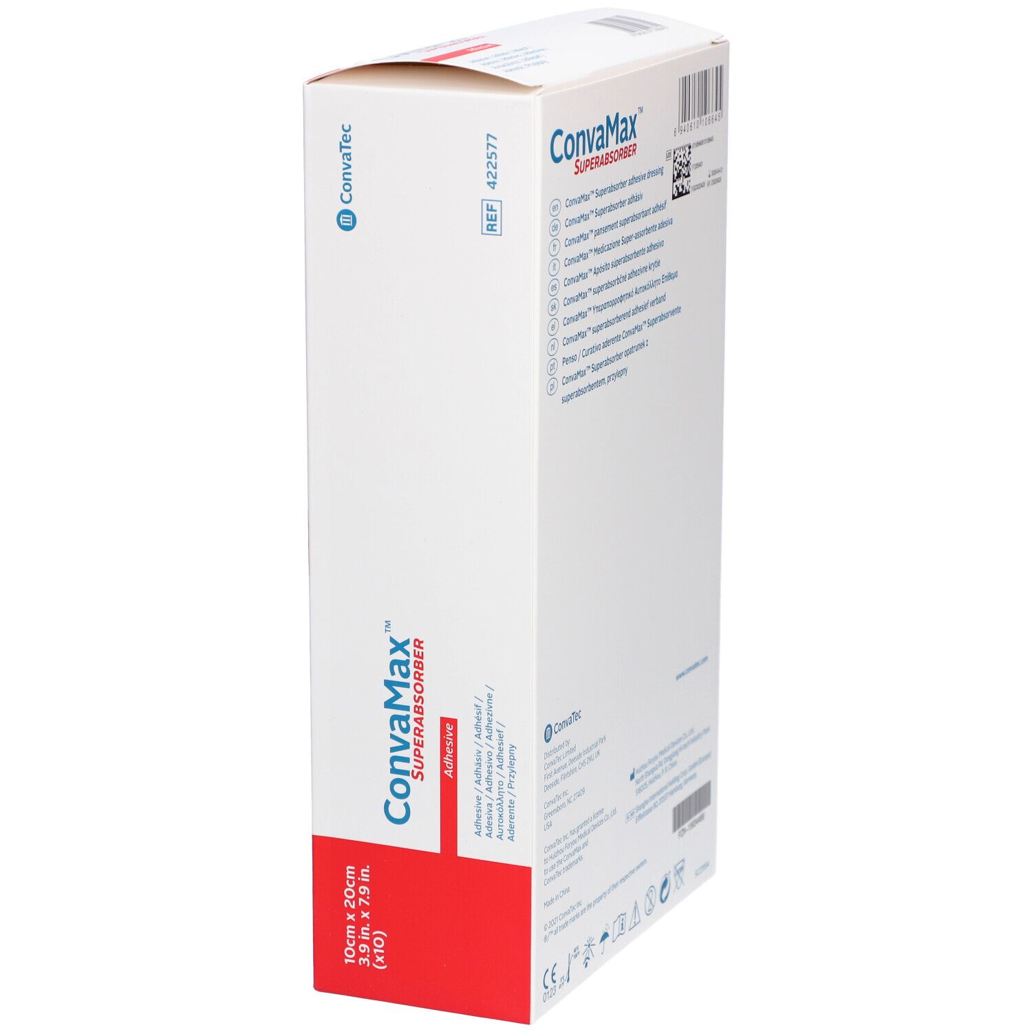 Seitenansicht der CONVAMAX Superabsorber Verpackung. Produktname, Maße 10x20cm. Weißer Karton mit rotem Akzent.