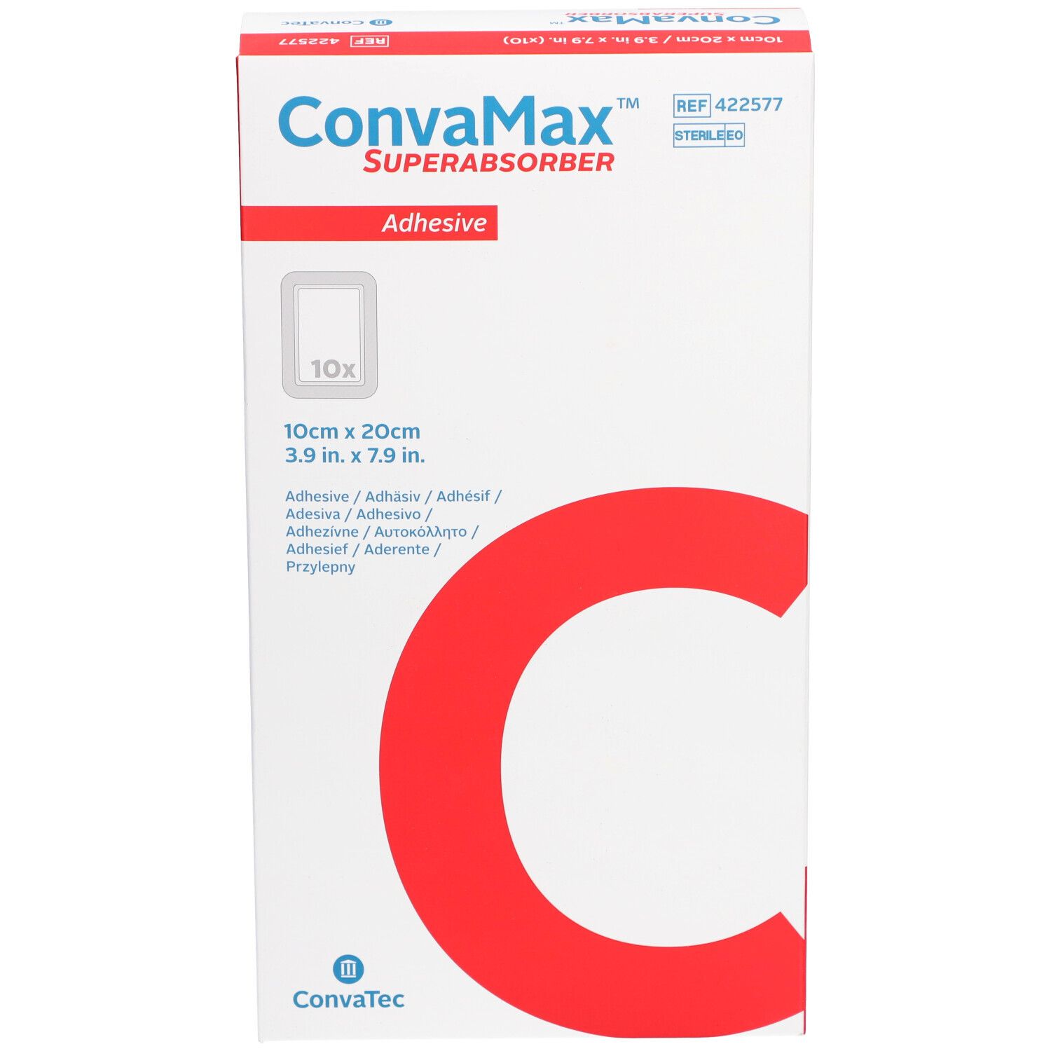 Vorderansicht der CONVAMAX Superabsorber Verpackung. Produktname, Maße 10x20cm. 10 Stück. Weißer Karton mit rotem "C".