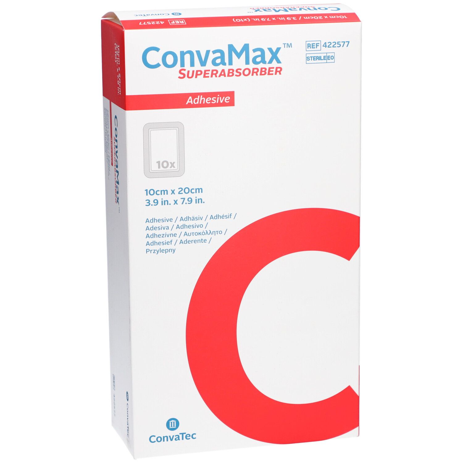 Vorderansicht der CONVAMAX Superabsorber Verpackung. Produktname, Maße 10x20cm. 10 Stück. Weißer Karton mit rotem "C".
