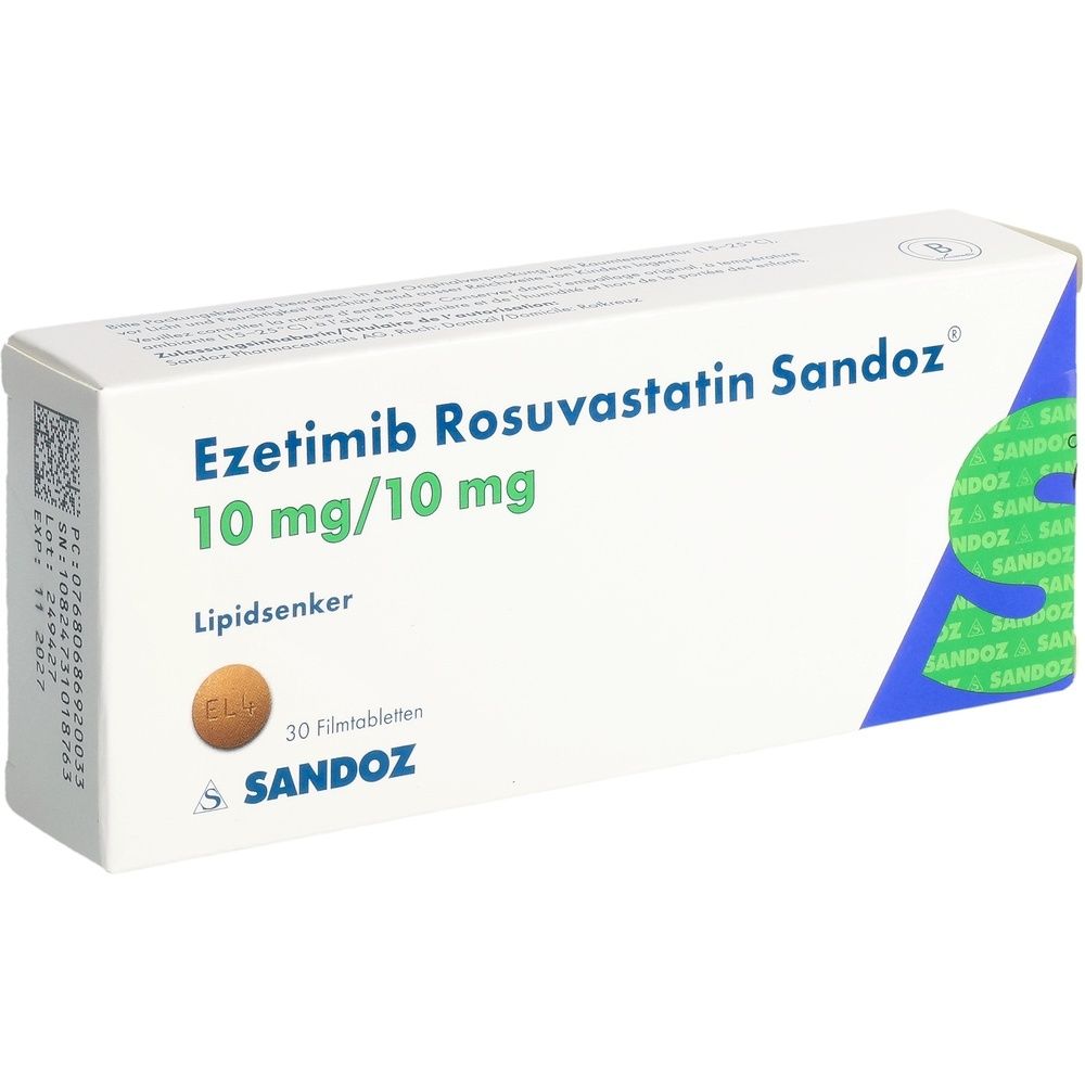 Schachtel mit EZETIMIB ROSUVA Sandoz Filmtabl. 10 mg/10 mg. Aufschrift: 10 mg/10 mg, Lipidsenker, 30 Filmtabletten. Marke SANDOZ.