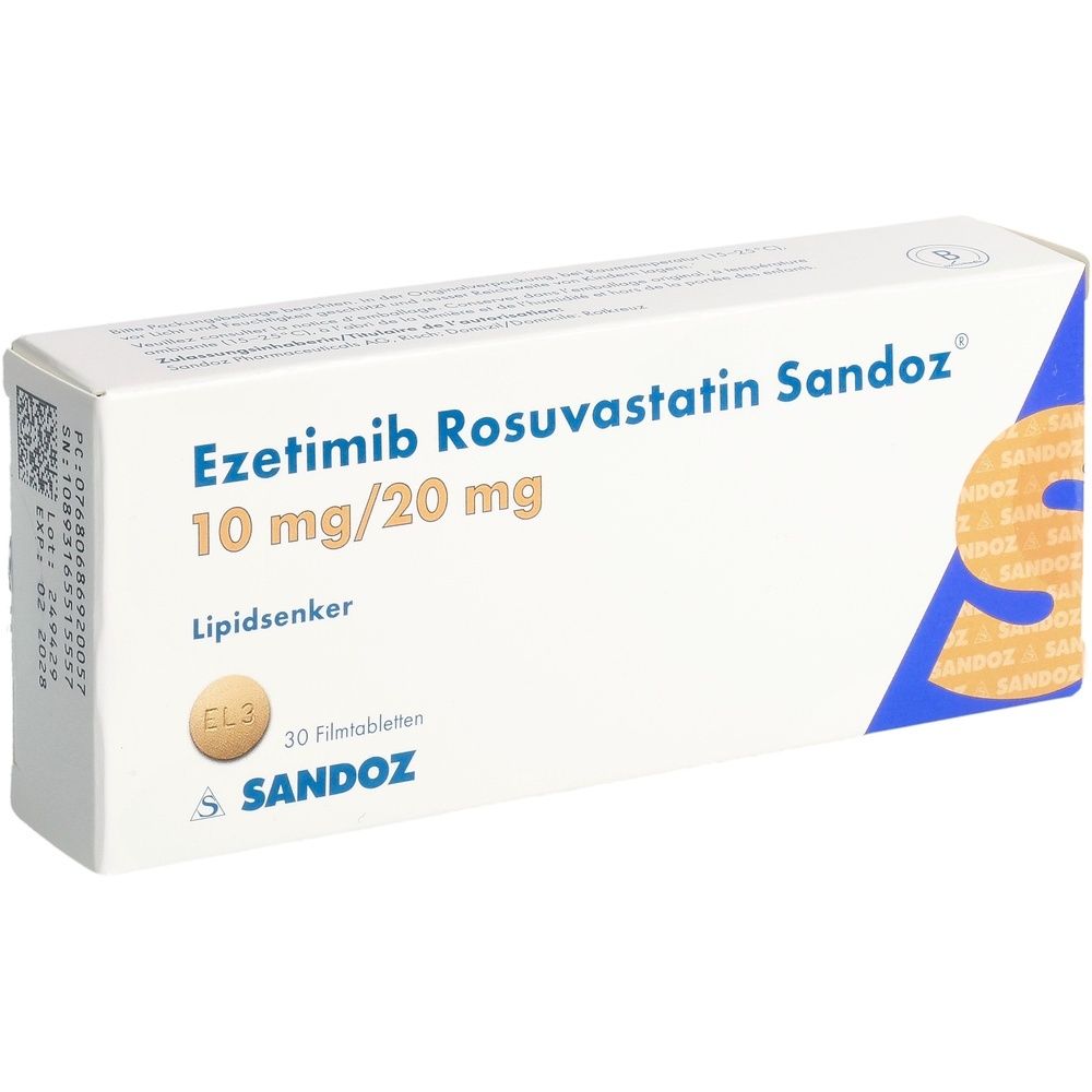 Weiße Medikamentenverpackung mit blauer Ecke. Beschriftung: Ezetimib Rosuvastatin Sandoz 10 mg/20 mg. Marke Sandoz. 30 Filmtabletten.