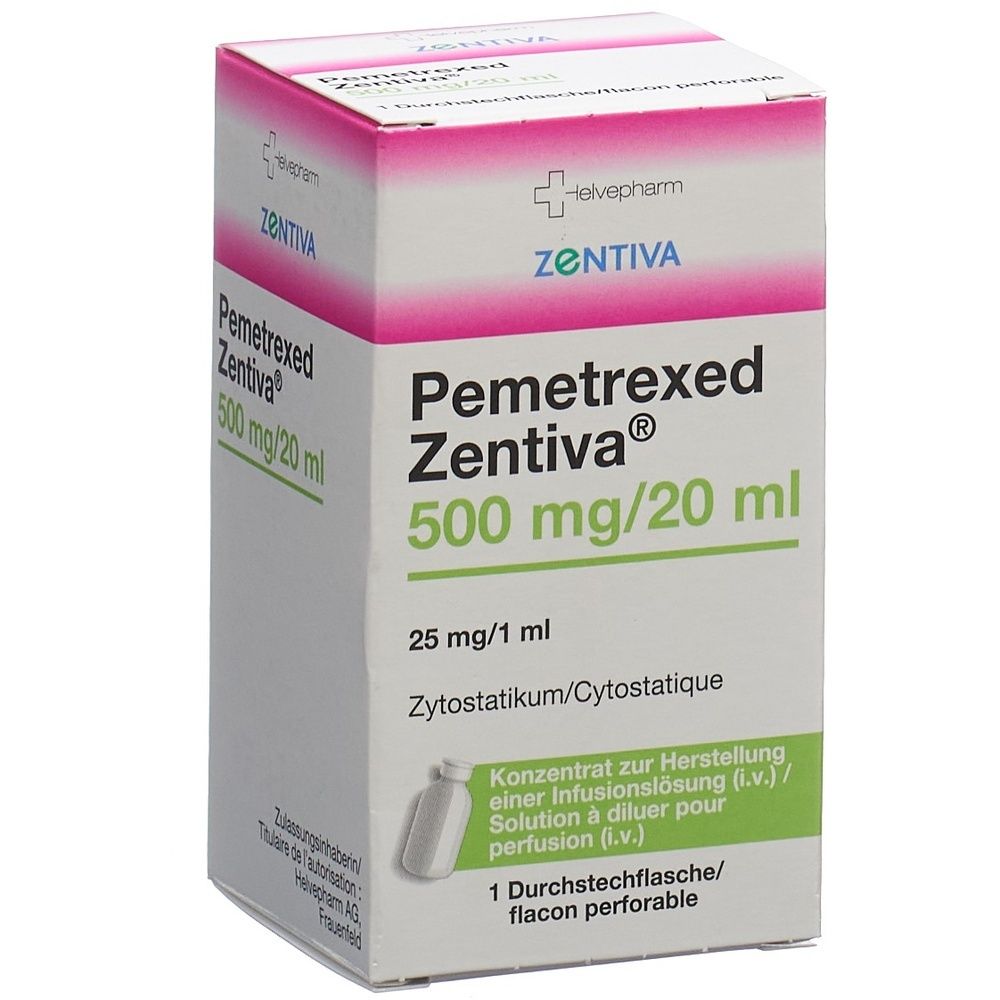 Boîte de Pemetrexed Zentiva, 500 mg/20 ml. Contient un flacon perforable. Texte : Zytostatikum/Cytostatique.