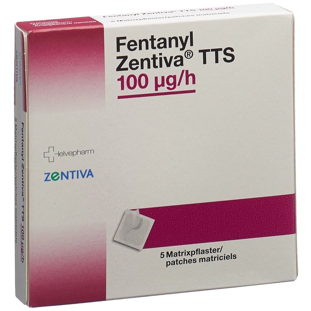 Karton Fentanyl Zentiva TTS Matrixpflaster, 100 mcg/h. Weiß mit rosa Akzenten und Produktbezeichnung.