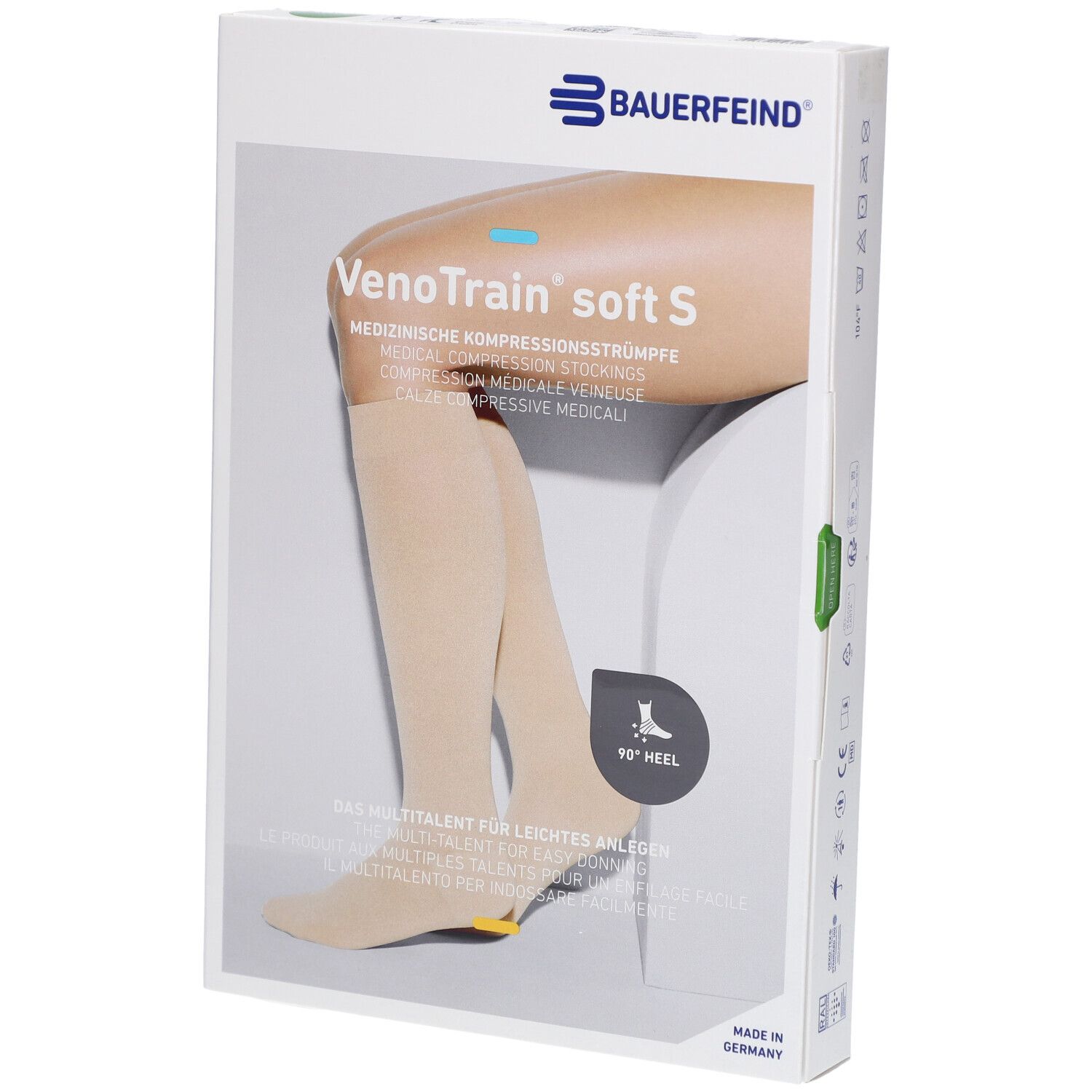Verpackung mit Kompressionsstrümpfen. Marke: Bauerfeind. Produktname: VenoTrain soft S. Farbe: Creme. Mit Mikropunkten und spezieller Ferse.