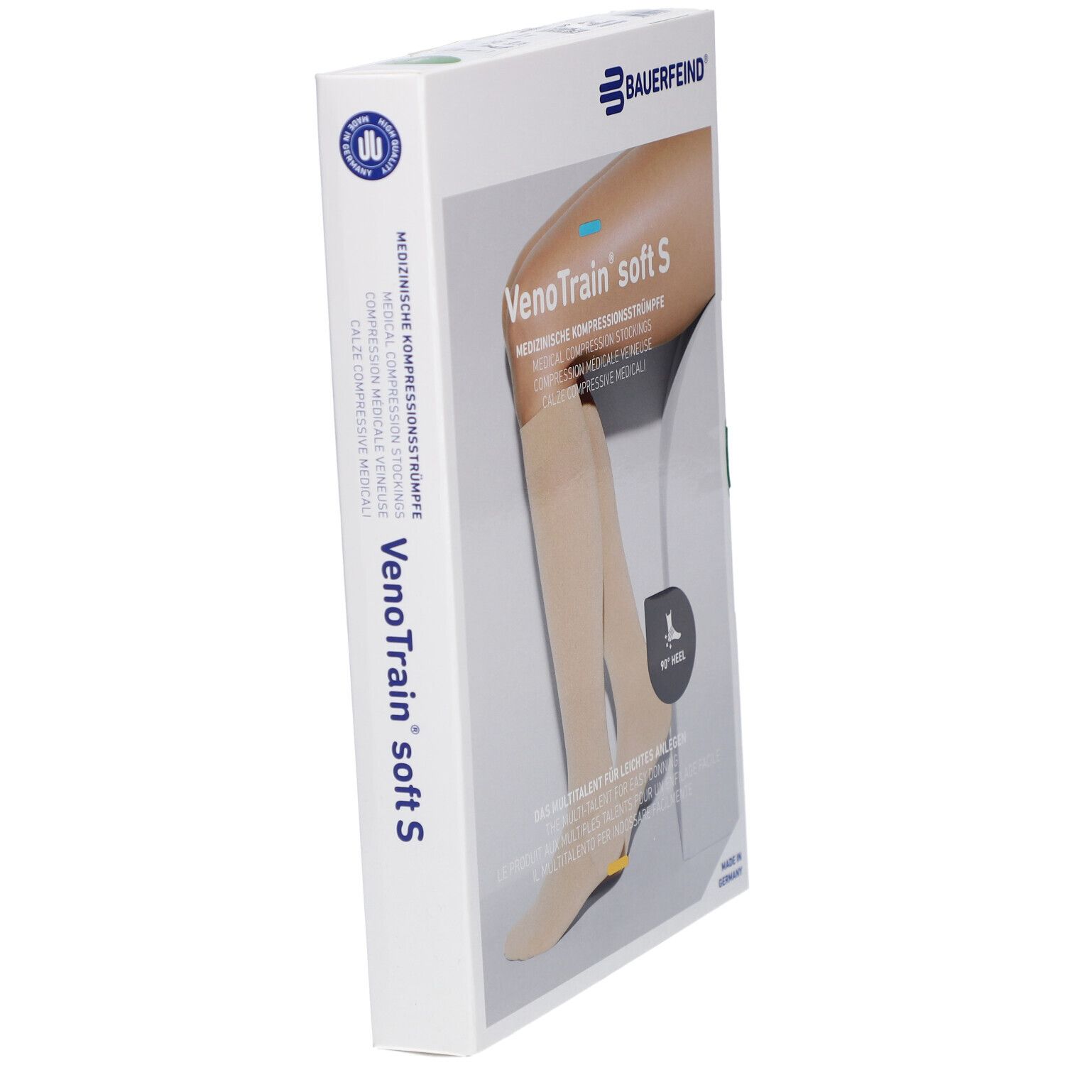 Verpackung mit Kompressionsstrümpfen. Marke: Bauerfeind VenoTrain soft S. Farbe: Creme. Größe L. Mit Mikropunkten und spezieller Ferse.