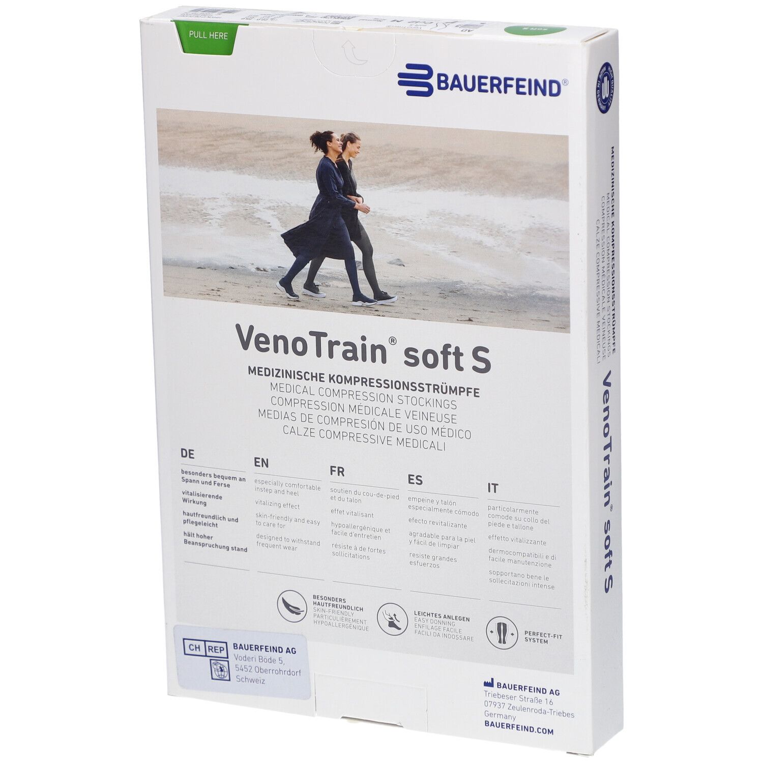 Rückseite der Verpackung mit Kompressionsstrümpfen. Marke: Bauerfeind VenoTrain soft S. Mehrsprachige Produktinformationen.