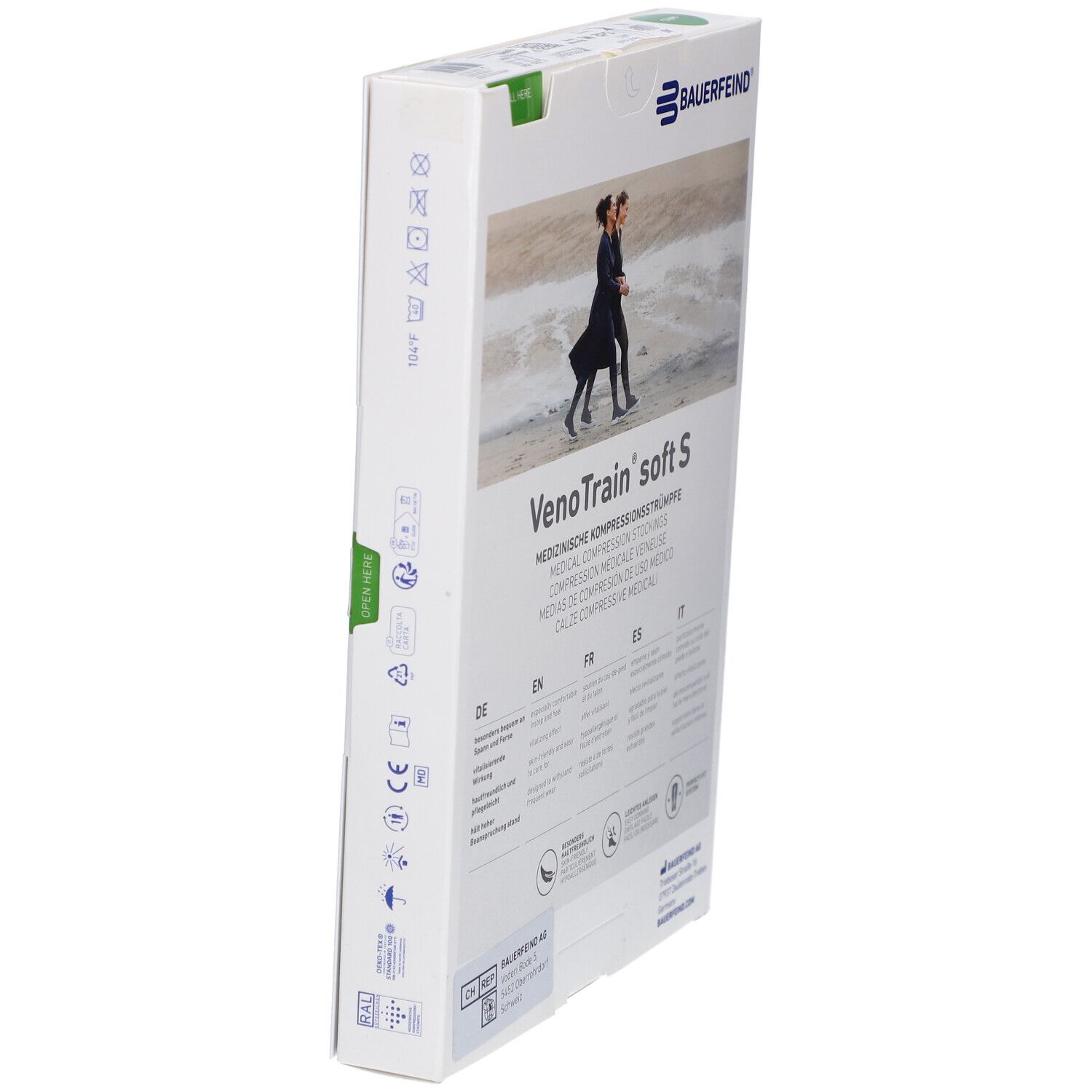 Rückseite der Verpackung mit Kompressionsstrümpfen. Marke: Bauerfeind VenoTrain soft S. Mehrsprachige Produktinformationen.