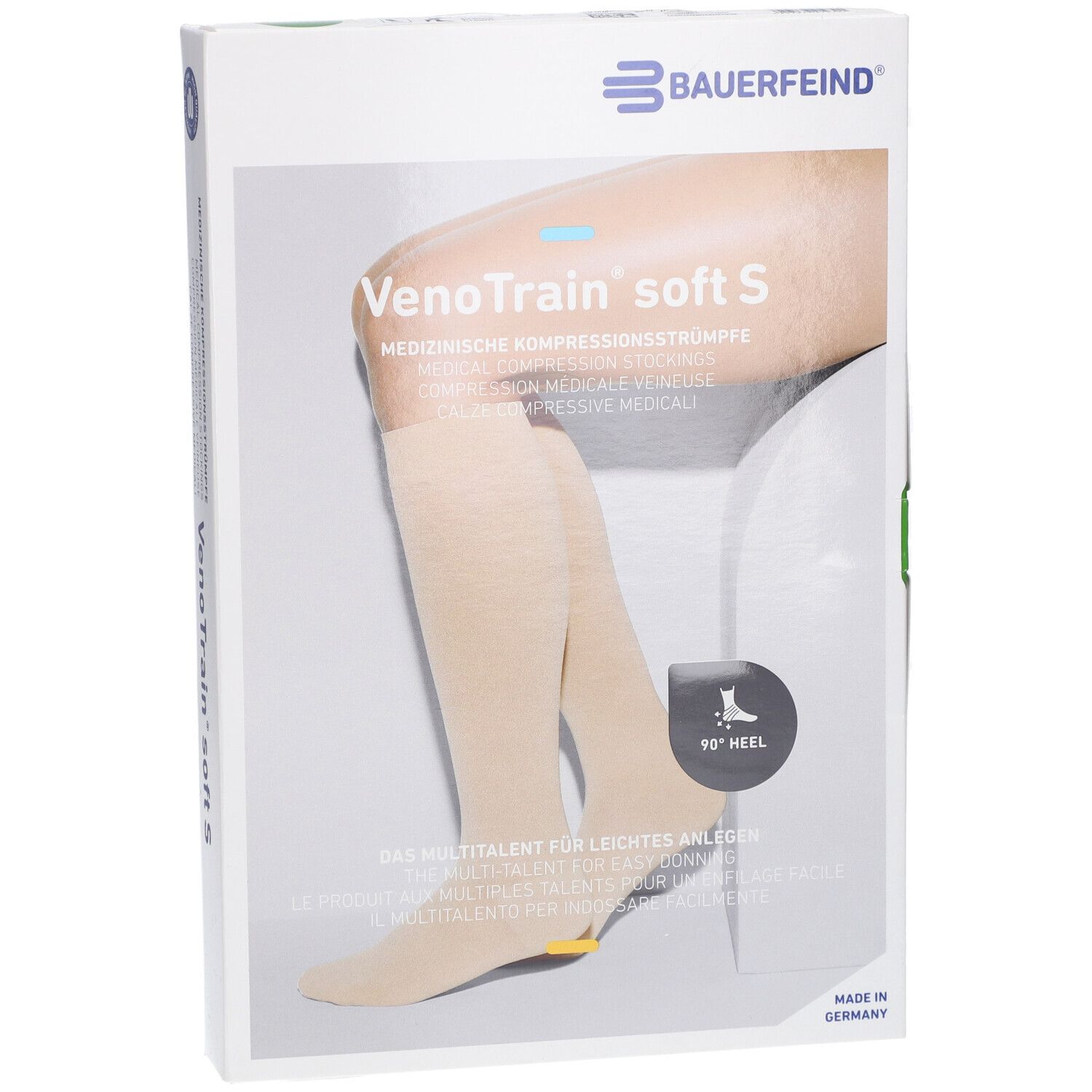 Verpackung mit Kompressionsstrümpfen. Marke: Bauerfeind VenoTrain soft S. Farbe: Creme. Mit Mikropunkten und spezieller Ferse.