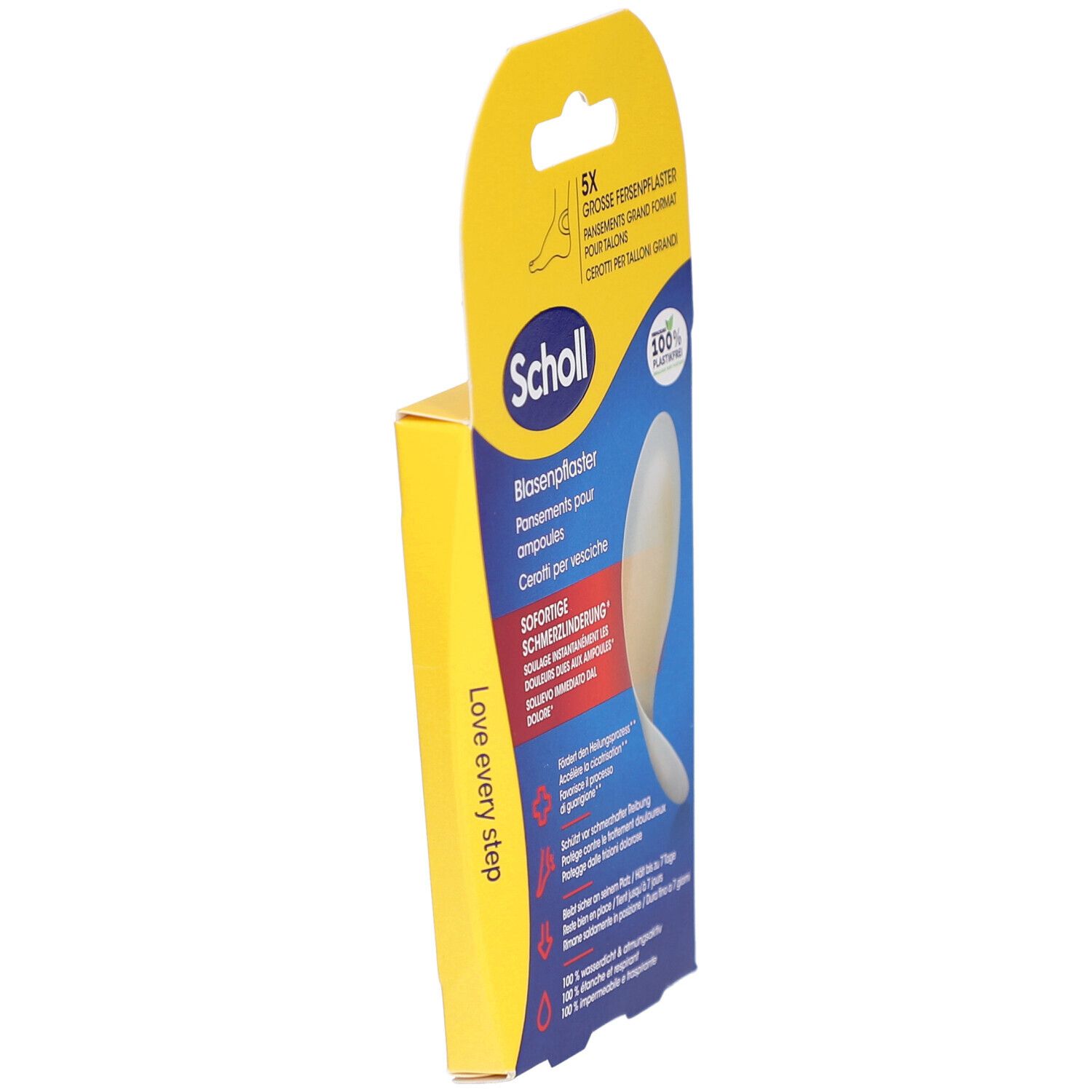 Schrägansicht der Scholl Blasenpflaster-Verpackung. Logo und Produktname sichtbar. Gelb-blaue Farbgebung.