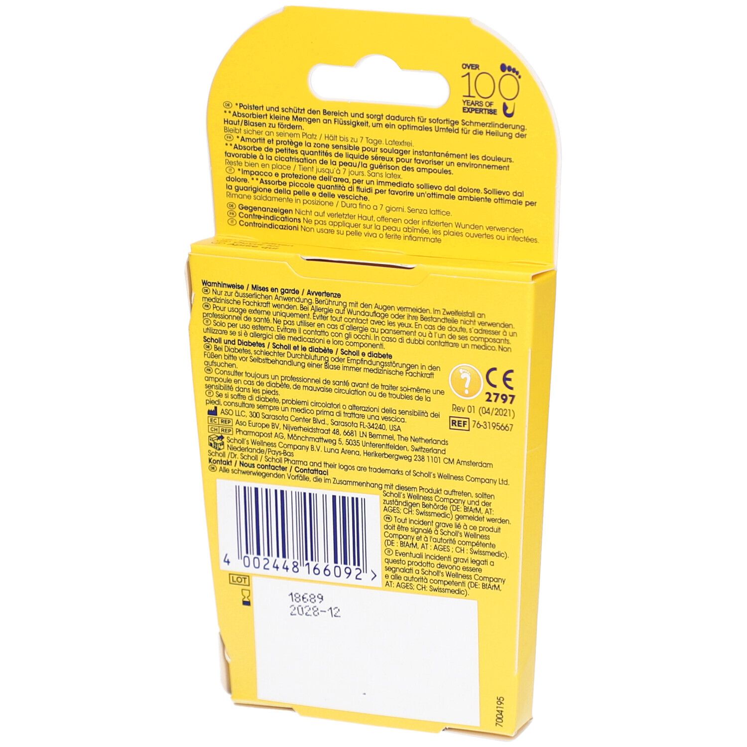 Rückseite der Scholl Blasenpflaster-Verpackung. Text in mehreren Sprachen. Barcode und CE-Kennzeichnung.