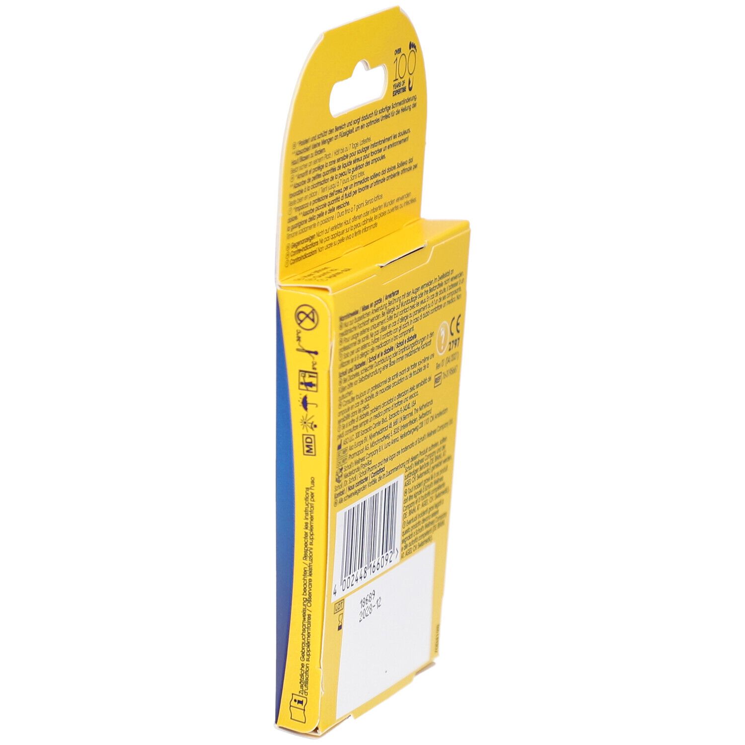 Seitenansicht der Scholl Blasenpflaster-Verpackung. Barcode und Text. Gelb-blaue Farbgebung.