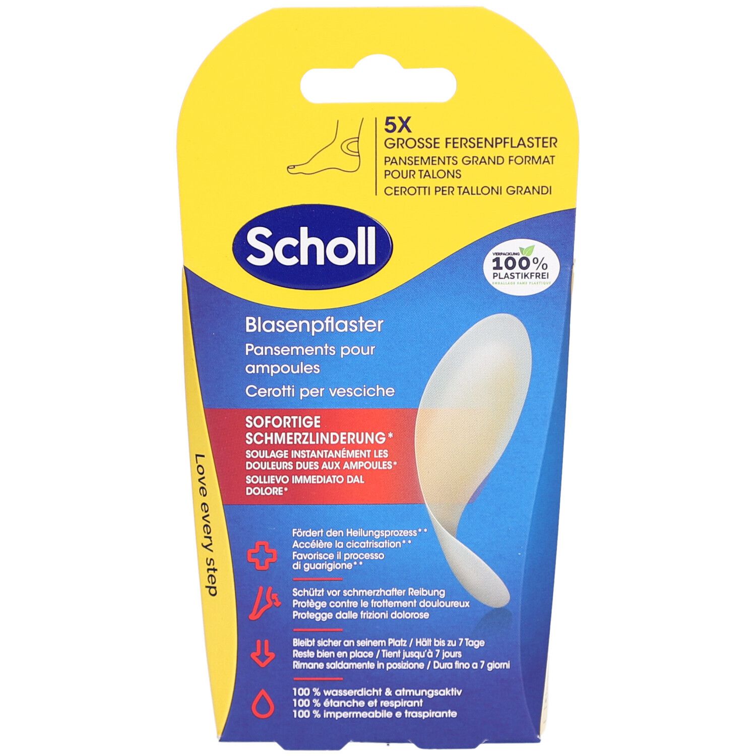 Verpackung mit Scholl Blasenpflaster für Fersen. Enthält 5 Stück. Produktname, Logo und Produktmerkmale sichtbar.