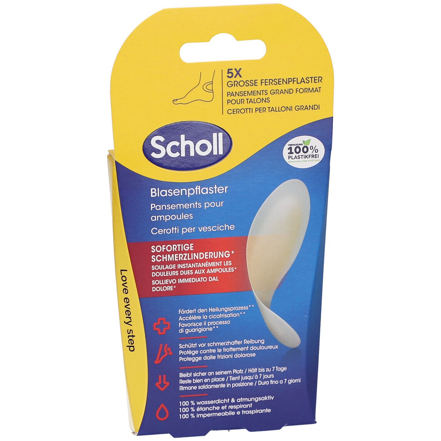 Verpackung mit Scholl Blasenpflaster für Fersen. Enthält 5 Stück. Produktname, Logo und Produktmerkmale sichtbar.