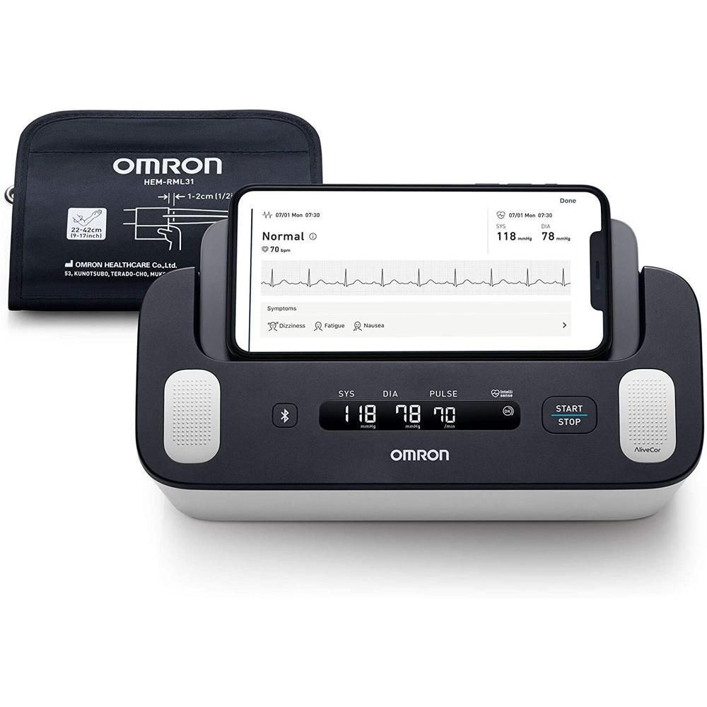 Blutdruckmessgerät mit Smartphone. Schwarzes Gerät mit Display, Manschette und Tasche. OMRON-Logo.