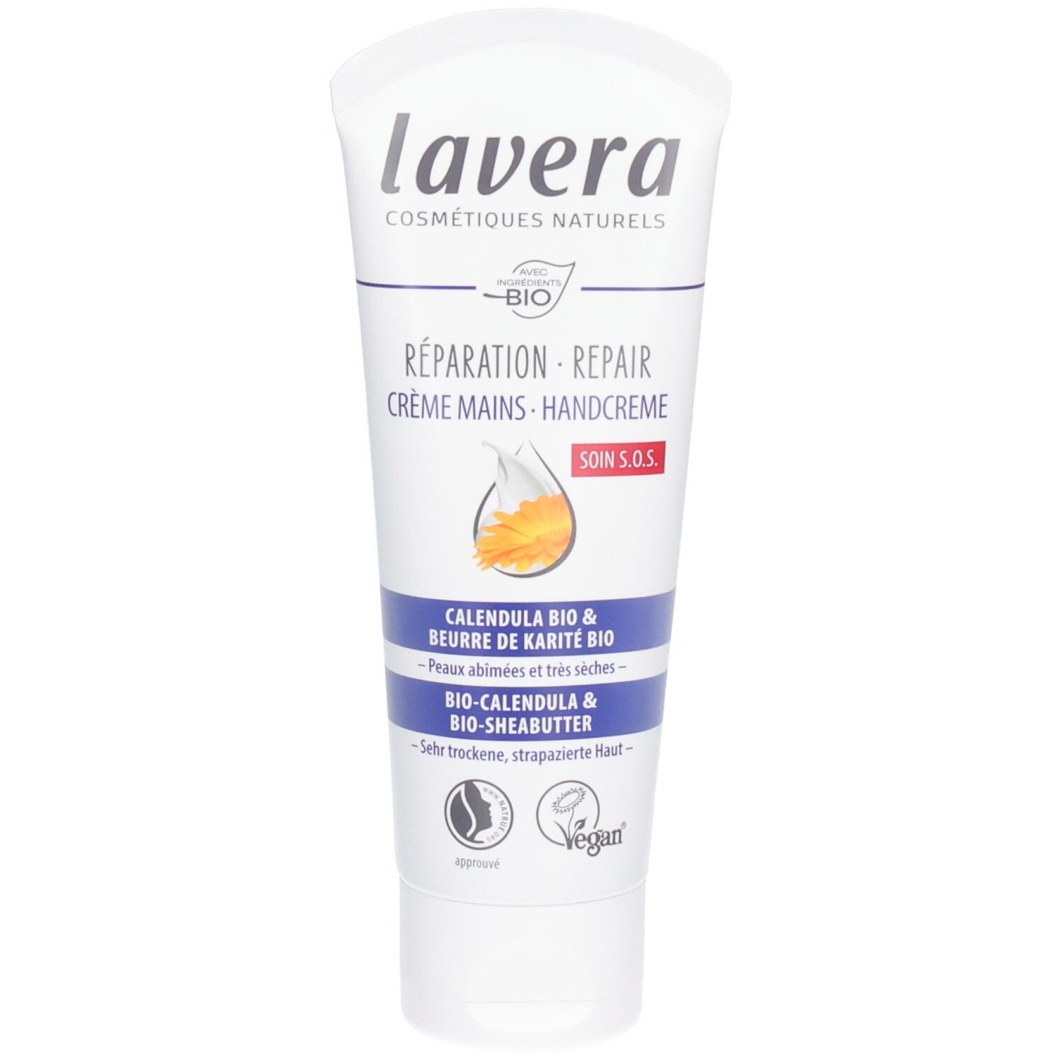 Tube blanc avec texte bleu et blanc. Inscription: lavera, Réparation Repair Crème Mains Handcreme. Avec label Bio et logo Vegan.