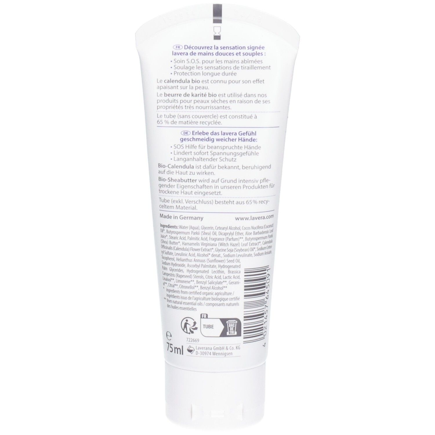 Dos du tube avec texte multilingue. Contient des informations sur les ingrédients et le fabricant. Indication de 75 ml.