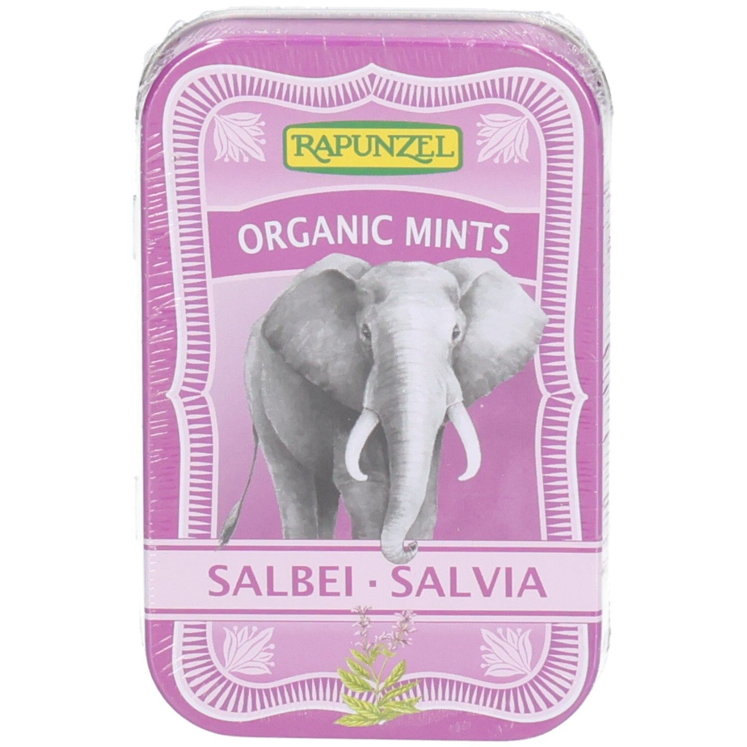 Boîte rose avec logo "Rapunzel" et inscription "Organic Mints". Représentation d'un éléphant. "Salbei Salvia" en dessous.