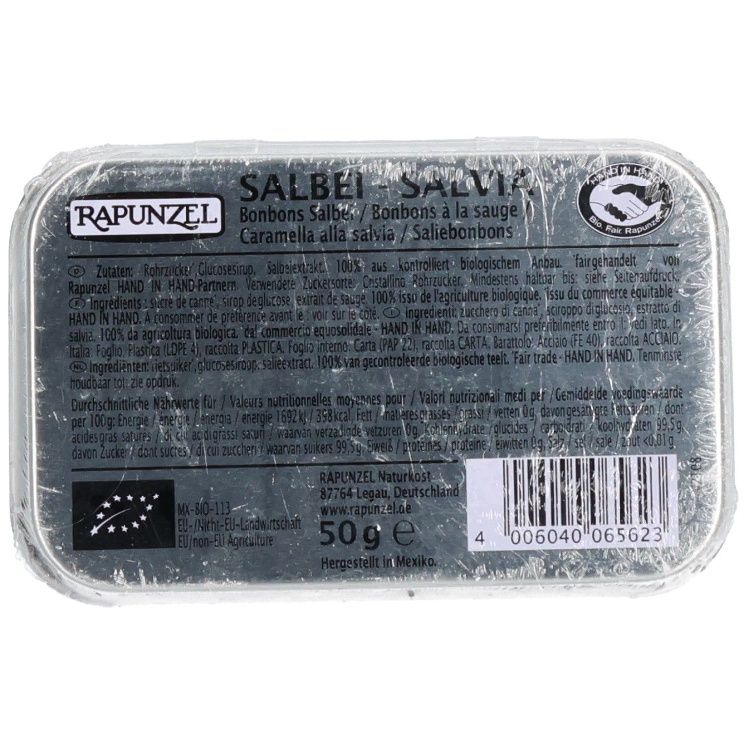 Boîte avec logo "Rapunzel" et "Salbei Salvia". Texte multilingue. Indication 50g. Code-barres.