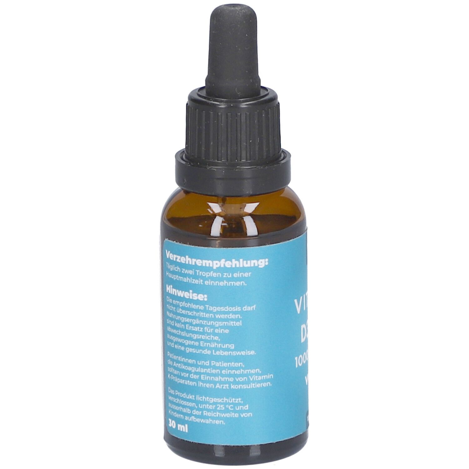 Braune Glasflasche mit schwarzem Deckel und Pipette. Blaues Etikett mit Text. Aufschrift: Verzehrempfehlung, Hinweise, 30 ml. Flasche steht.