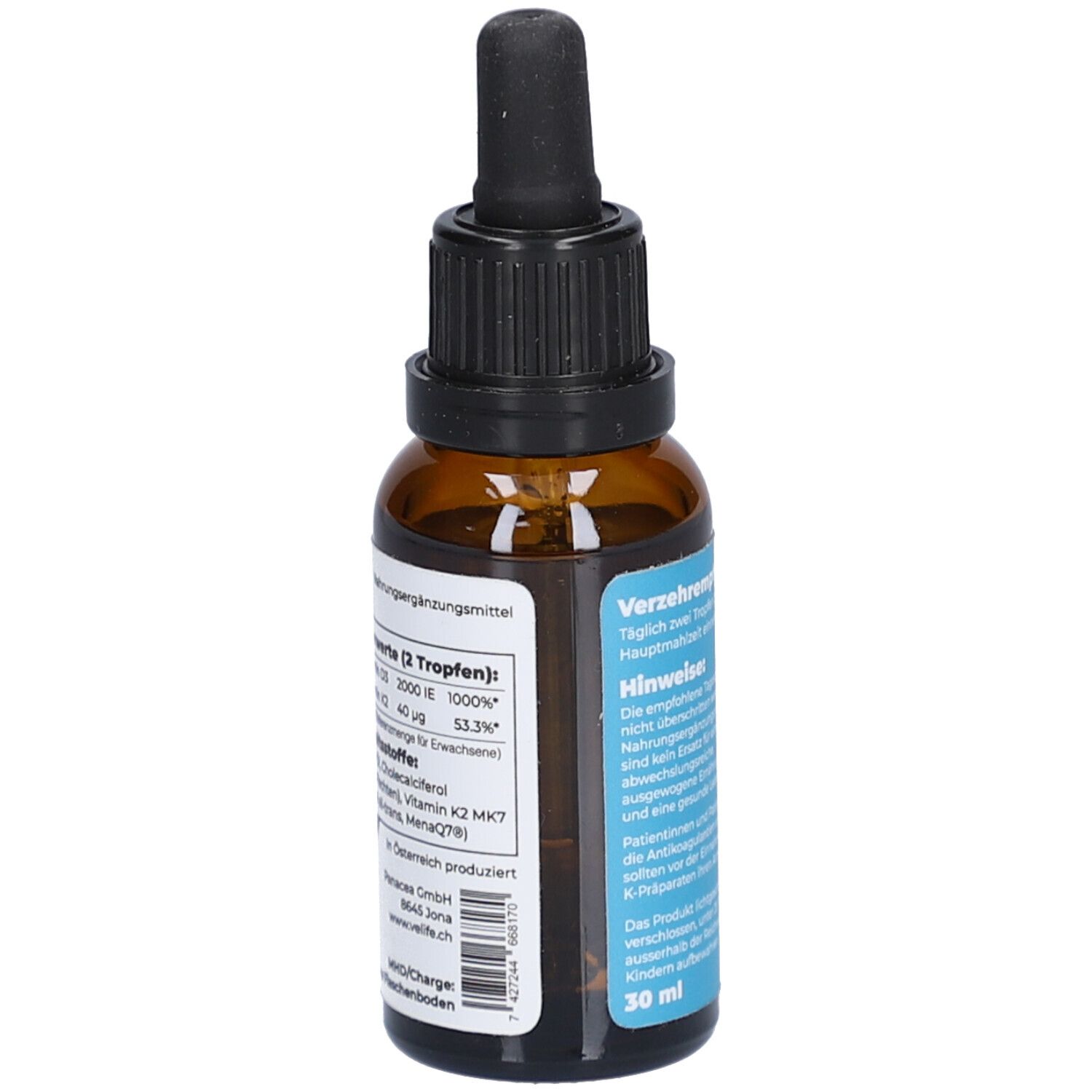 Braune Glasflasche mit schwarzem Deckel und Pipette. Blaues Etikett mit Text. Aufschrift: Nährwerte, Inhaltsstoffe, 30 ml. Flasche steht.