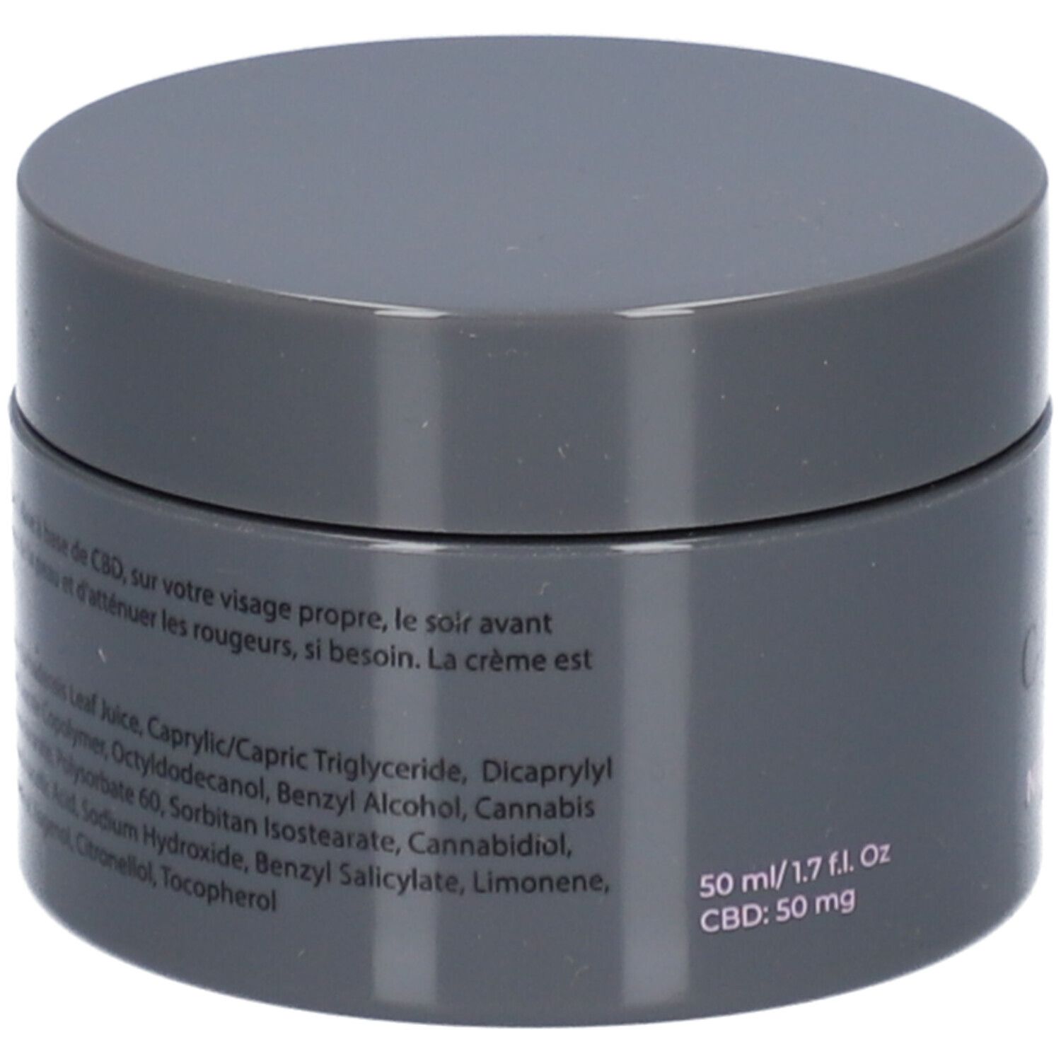 Dunkelgrauer Tiegel mit Inhaltsstoffangaben und Volumenangabe: 50 ml/1.7 fl. Oz. CBD: 50 mg.