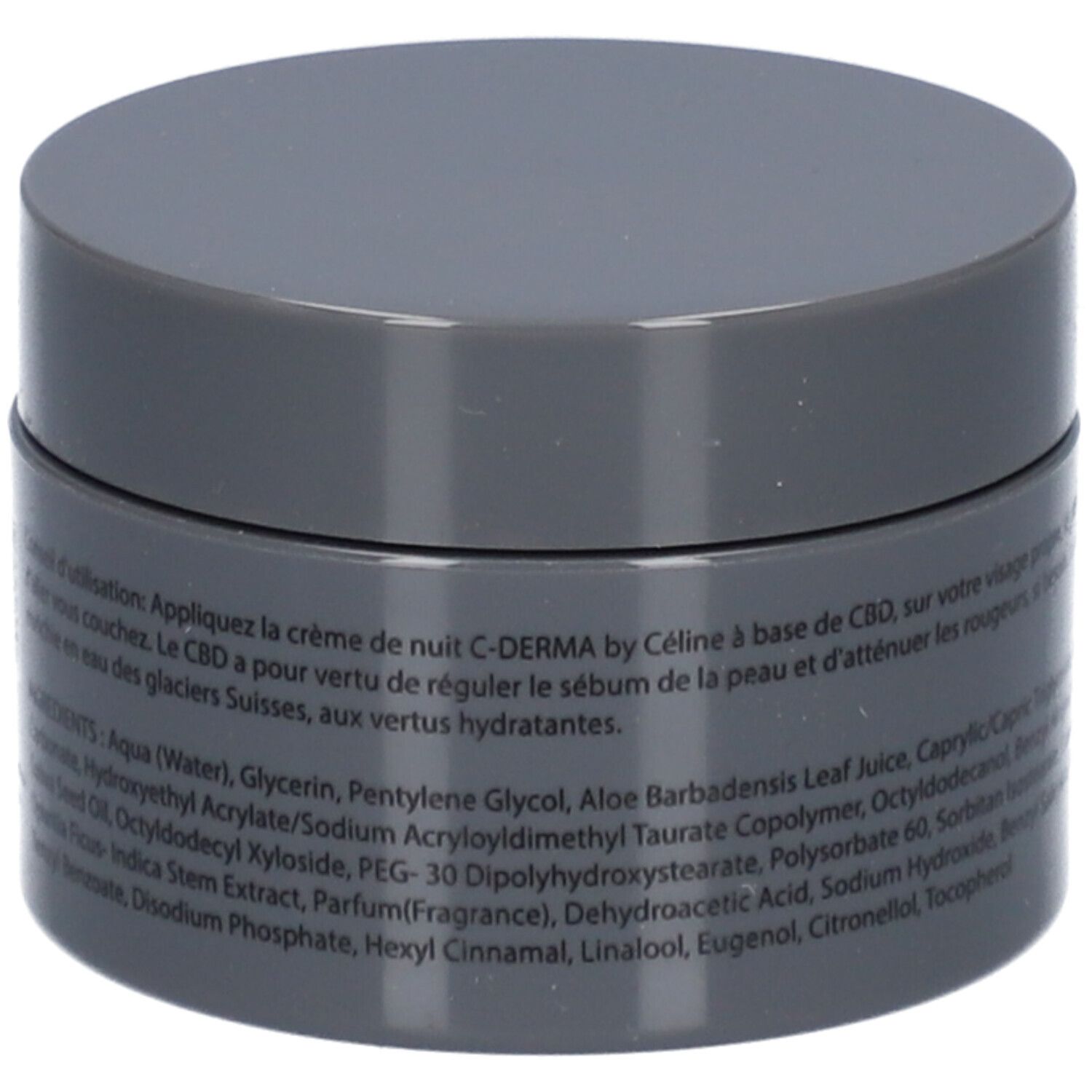 Dunkelgrauer Tiegel mit Inhaltsstoffangaben und Anwendungshinweisen. Aufschrift: C-Derma by Céline.