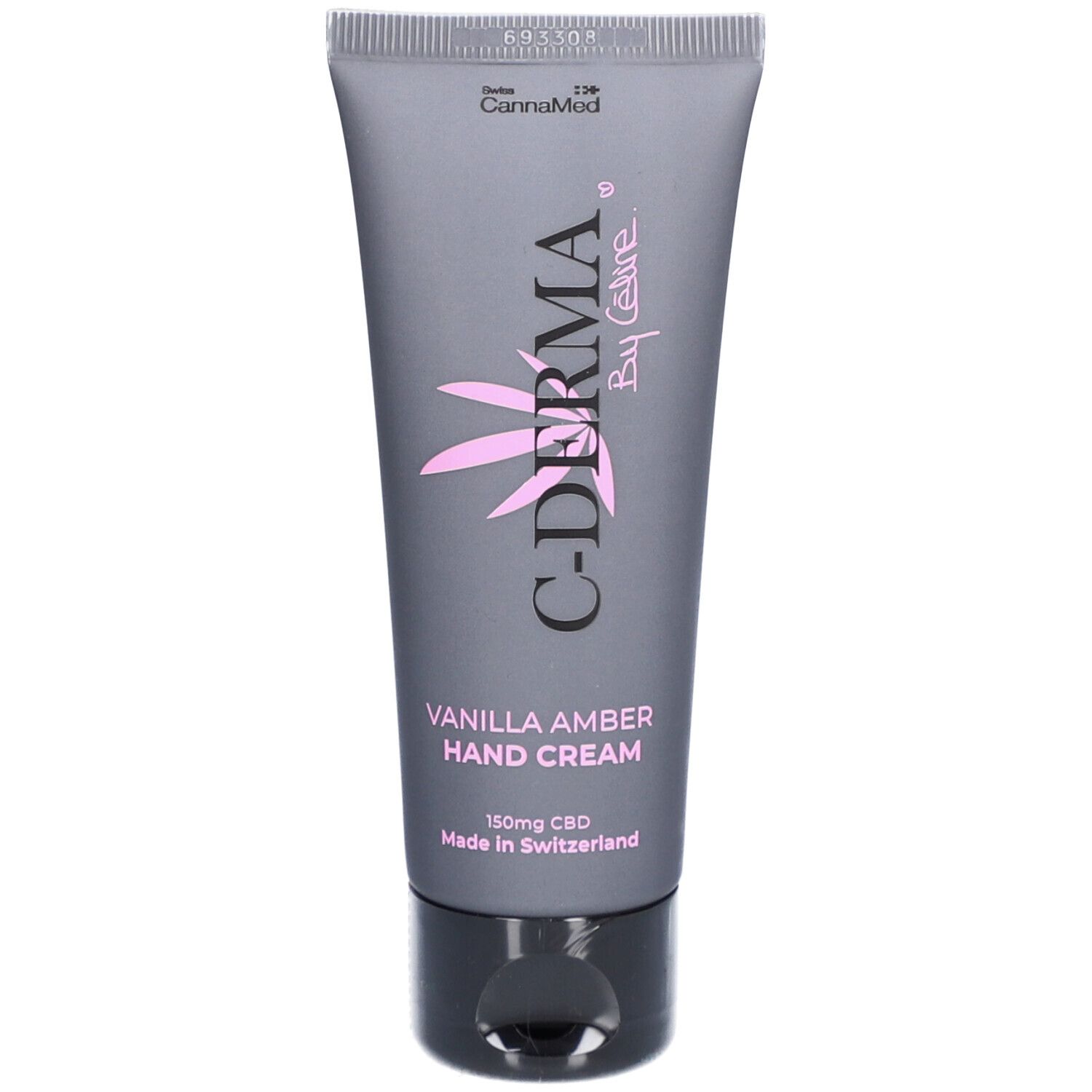 C-DERMA Handcreme, graue Tube. Schriftzug C-DERMA, By Celine. "Vanilla Amber Hand Cream". 150mg CBD. Hergestellt in der Schweiz.