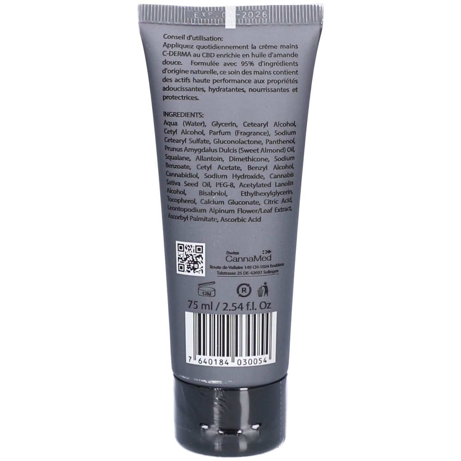 Rückseite der C-DERMA Handcreme-Tube. Text mit Inhaltsstoffen und Anwendungshinweisen. 75 ml/2.54 FL. Oz. Barcode.