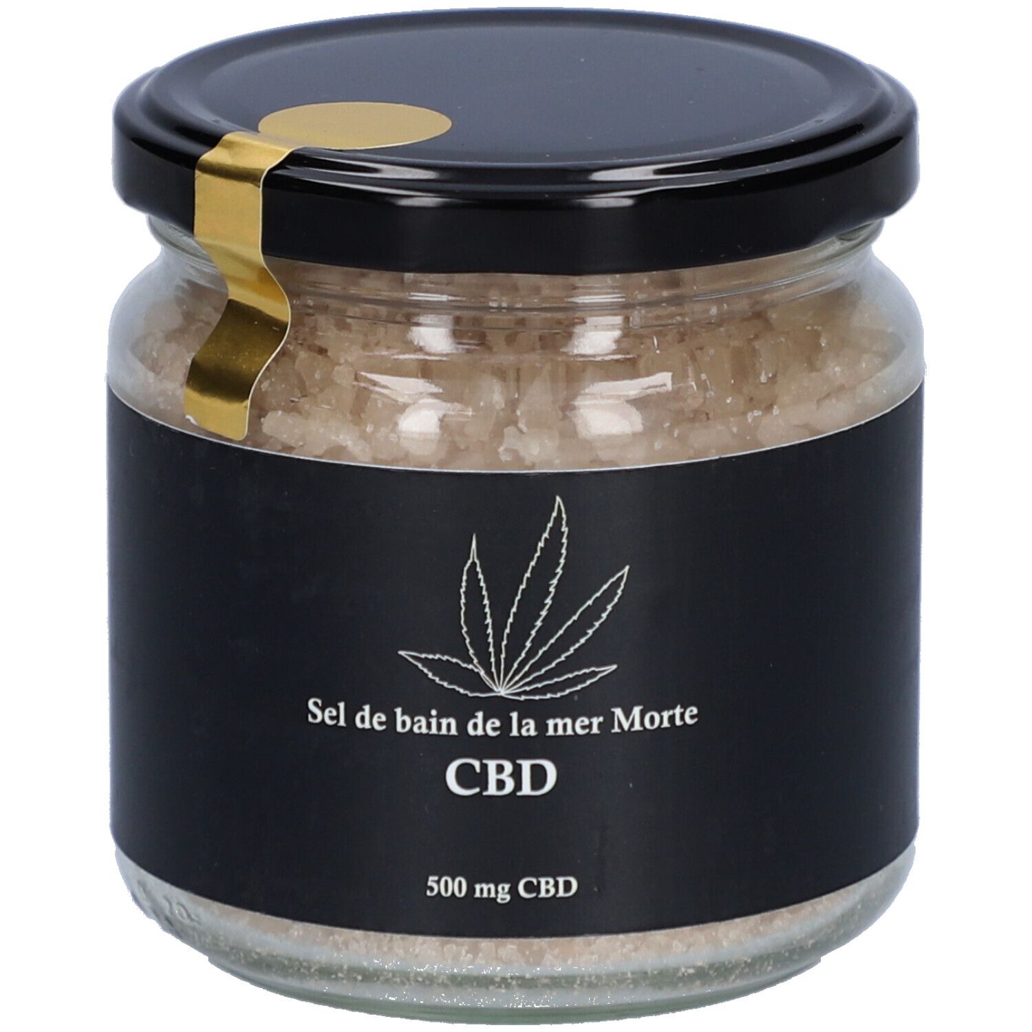 Glas mit Badesalz. Schwarzes Etikett mit Hanfblatt-Logo, CBD-Schriftzug und 500 mg CBD. Schwarzer Deckel mit goldenem Siegel.
