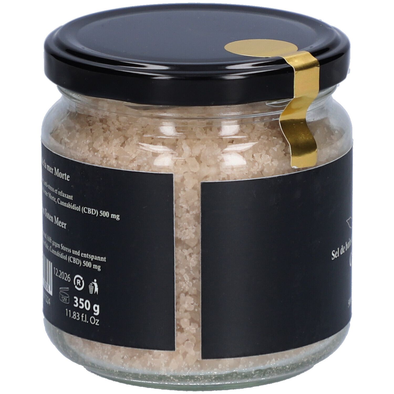 Glas mit Badesalz. Schwarzes Etikett mit Produktinformationen. 350 g, 11.83 fl. oz. Schwarzer Deckel mit goldenem Siegel.