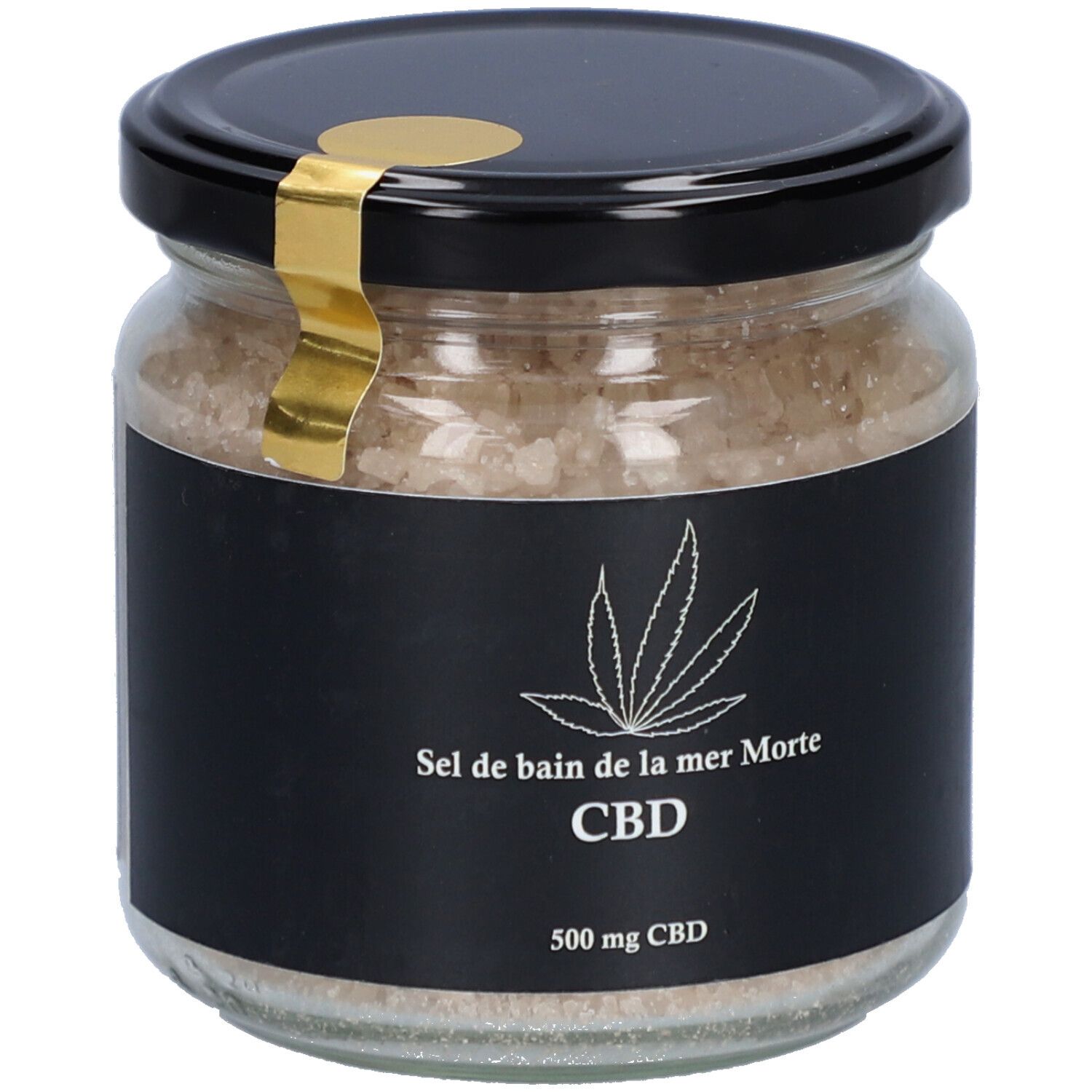 Glas mit Badesalz. Schwarzes Etikett mit Hanfblatt-Logo, CBD-Schriftzug und 500 mg CBD. Schwarzer Deckel mit goldenem Siegel.