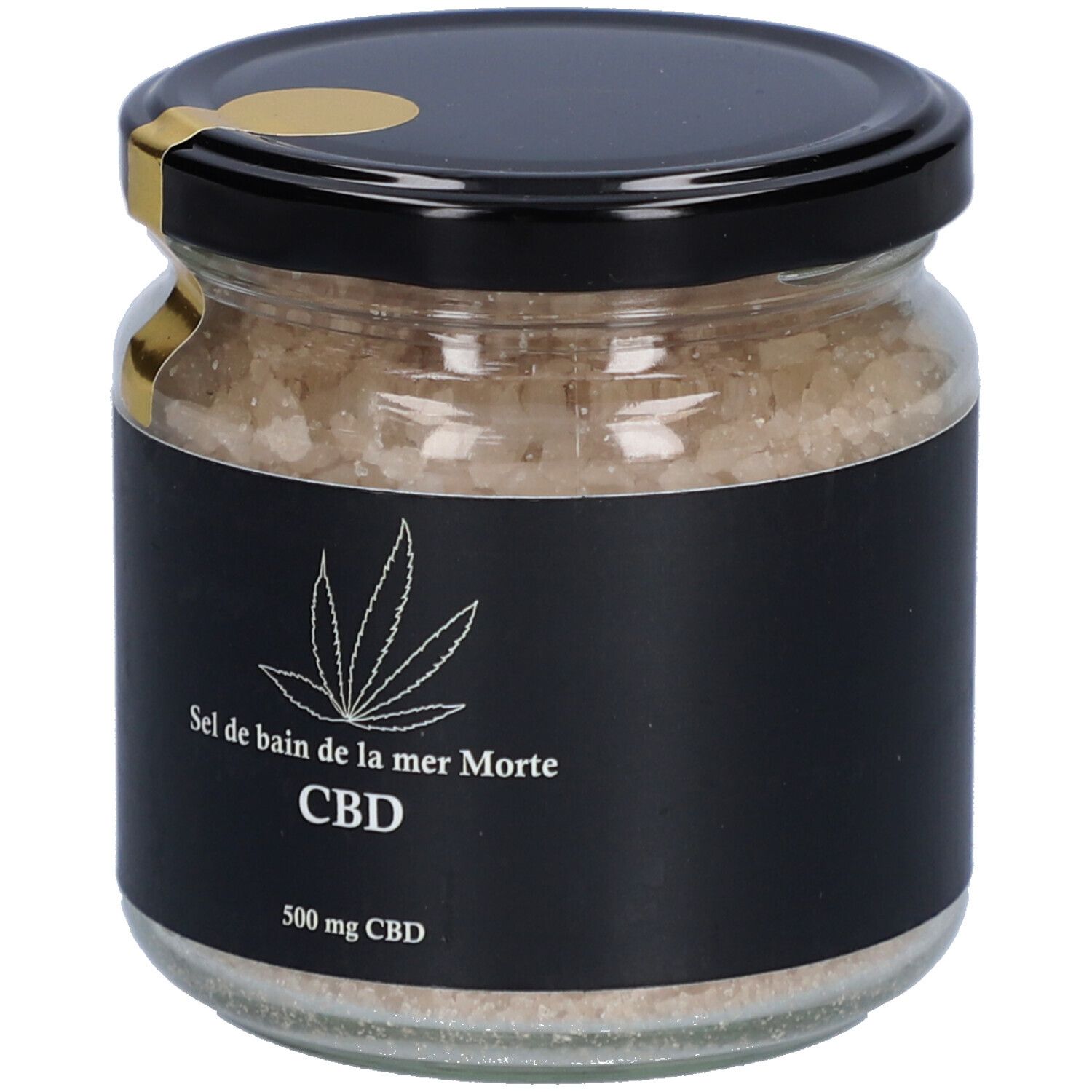Glas mit Badesalz. Schwarzes Etikett mit Hanfblatt-Logo, CBD-Schriftzug und 500 mg CBD. Schwarzer Deckel mit goldenem Siegel.