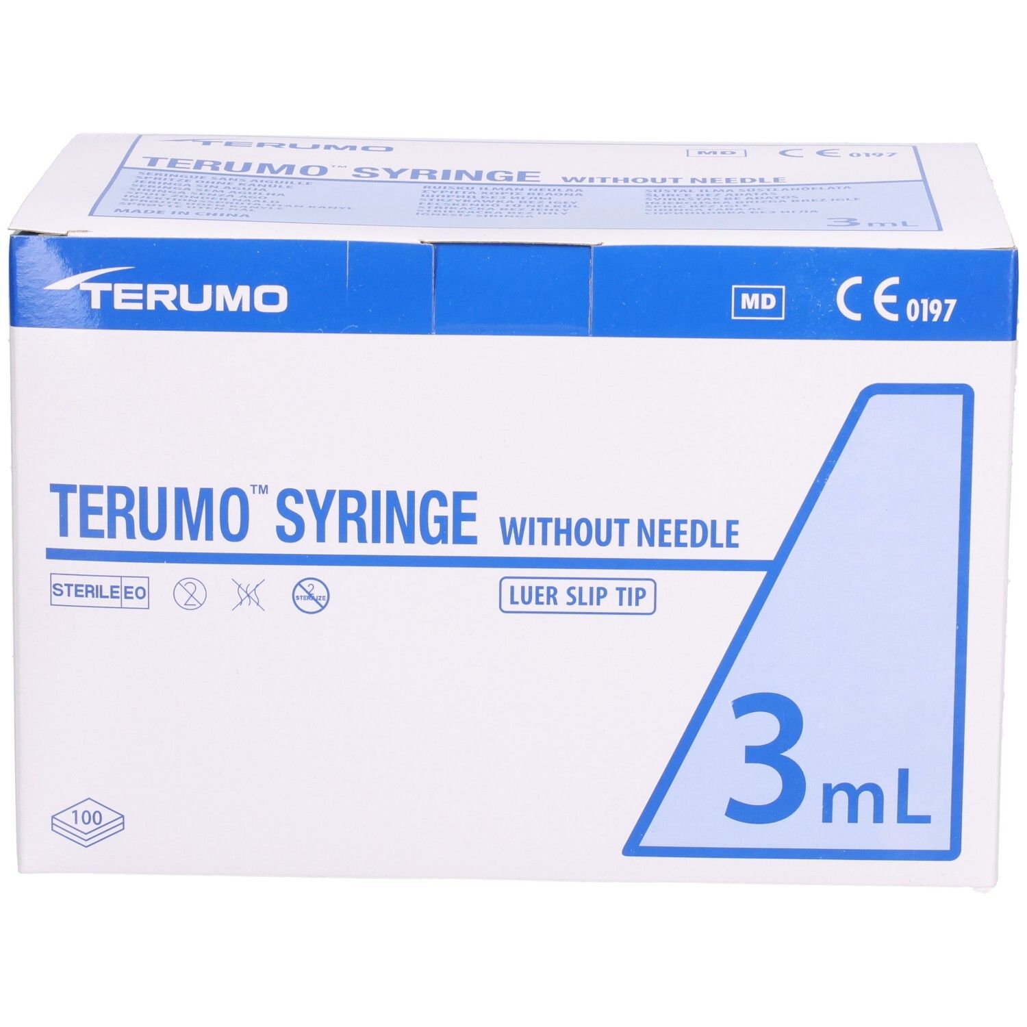 Boîte de seringues TERUMO. Inscription : TERUMO SYRINGE WITHOUT NEEDLE, Luer Slip Tip, 3 ml. Avec marquage CE.