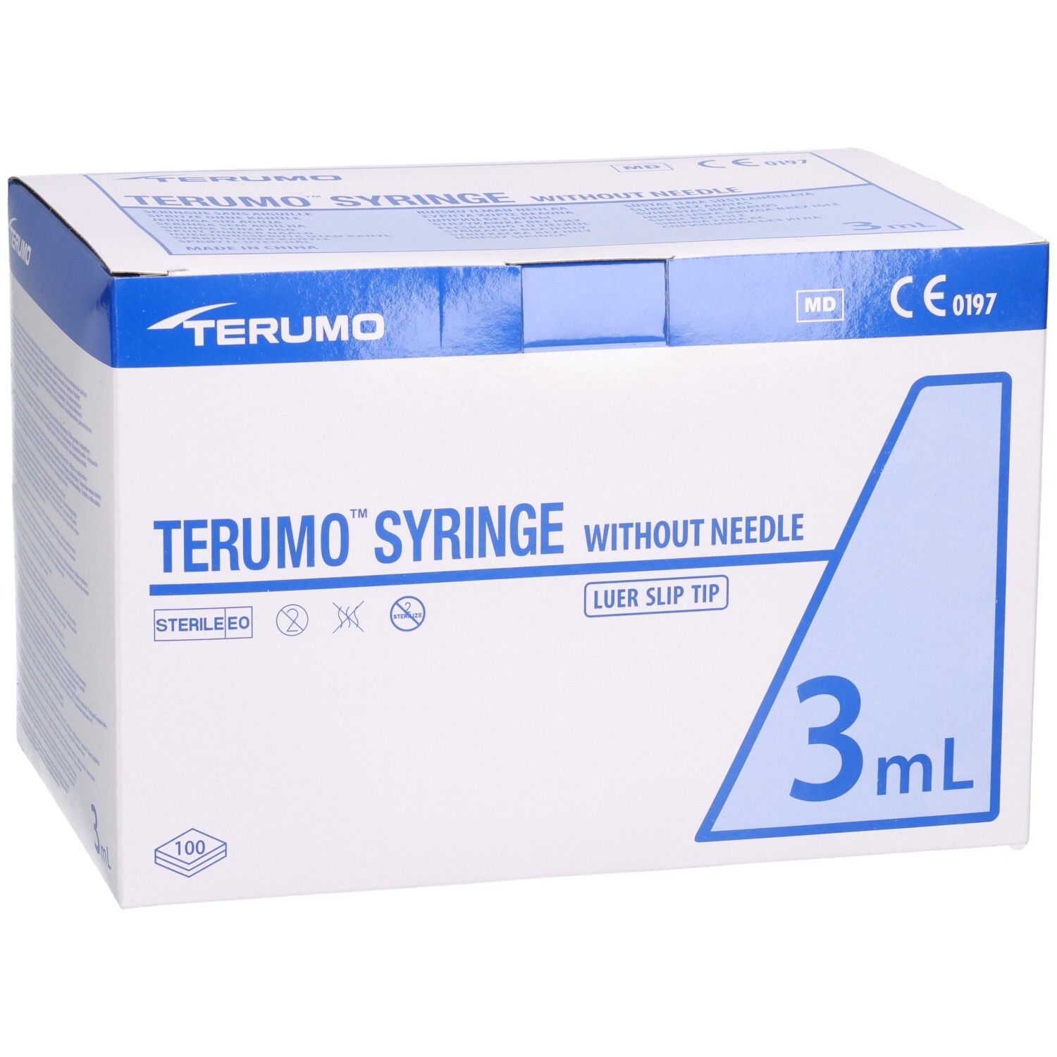 Boîte de seringues TERUMO. Inscription : TERUMO SYRINGE WITHOUT NEEDLE, Luer Slip Tip, 3 ml. Avec marquage CE.