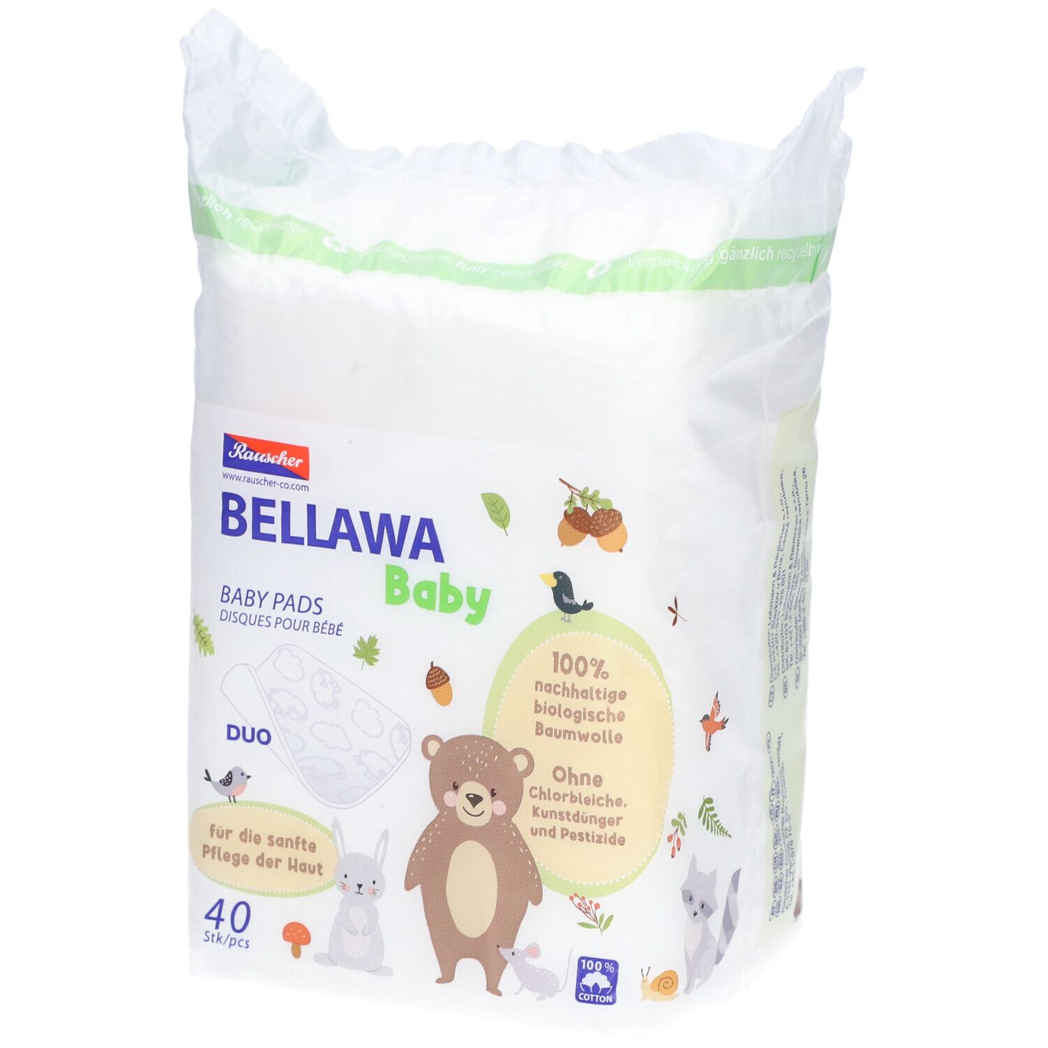 Paquet de tampons. Inscription: BELLAWA Baby, 40 pièces, Duo. Illustrations d'animaux et de feuilles.