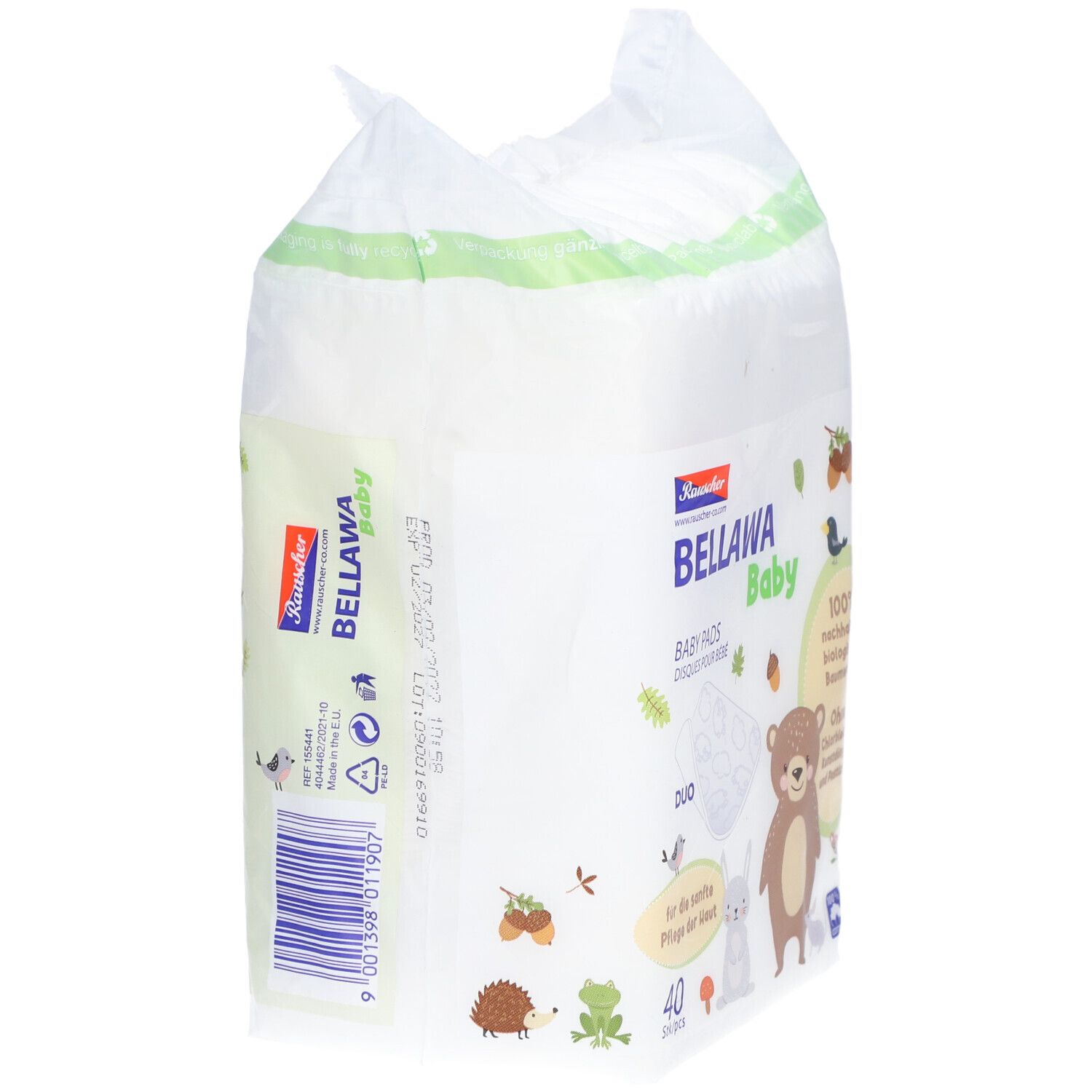 Vue latérale du paquet de tampons. Inscription: BELLAWA Baby, 40 pièces. Code-barres et symboles de recyclage.