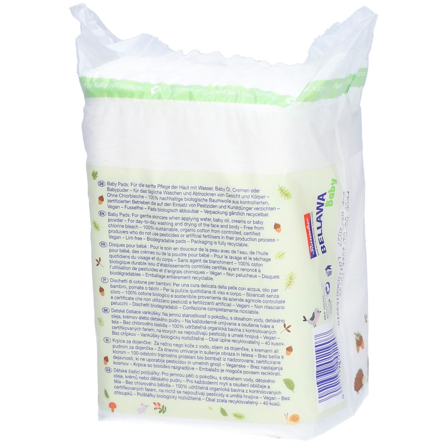 Dos du paquet de tampons. Texte en plusieurs langues. Illustrations d'animaux et de feuilles.