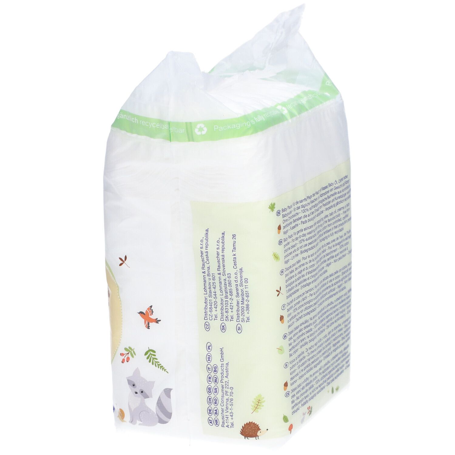 Vue latérale du paquet de tampons. Texte et illustrations d'animaux et de feuilles.