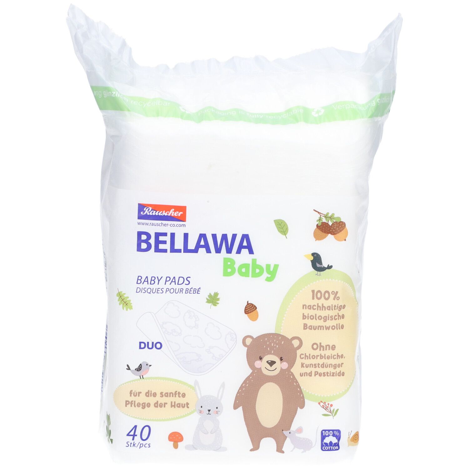 Paquet de tampons. Inscription: BELLAWA Baby, 40 pièces, Duo. Illustrations d'animaux et de feuilles.