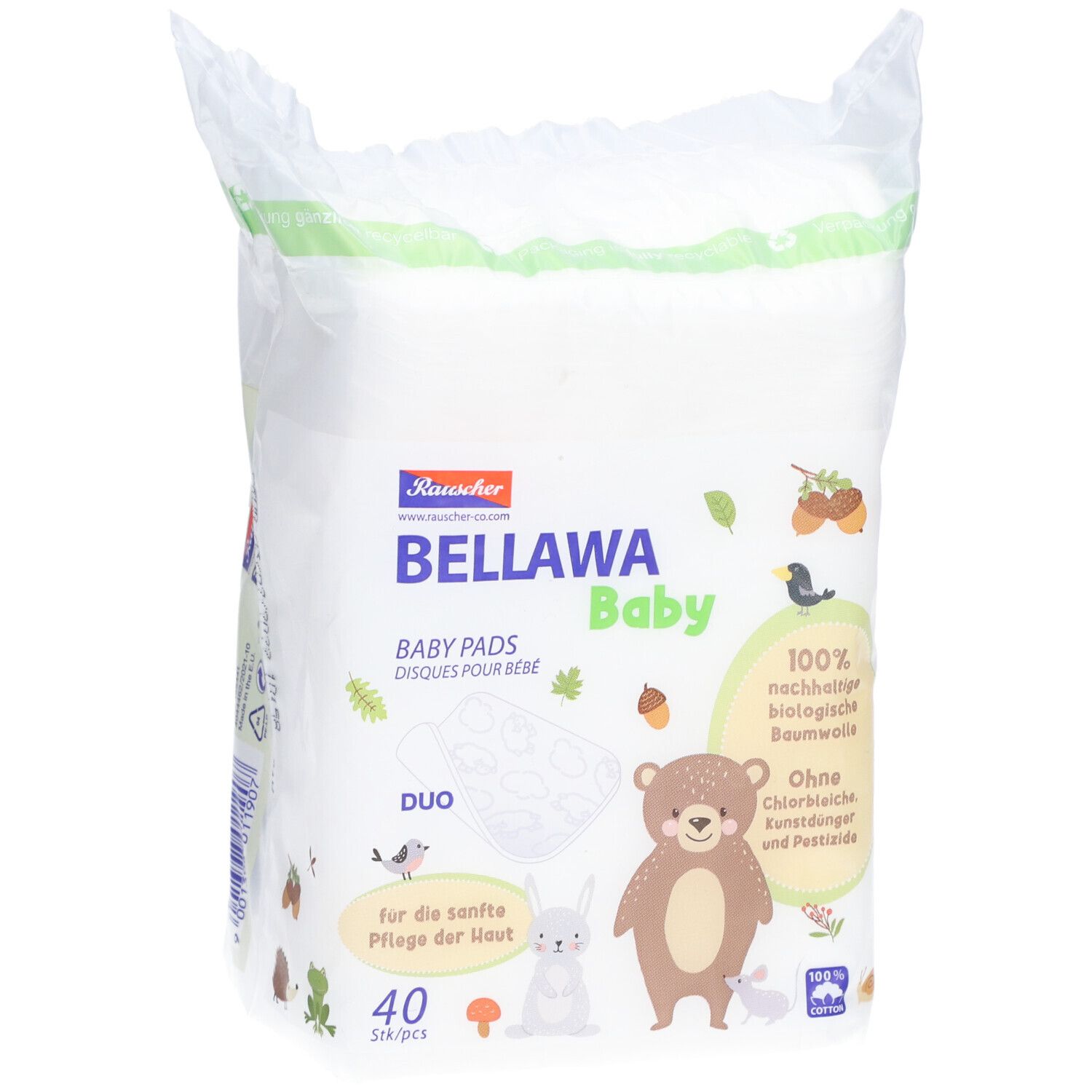 Paquet de tampons. Inscription: BELLAWA Baby, 40 pièces, Duo. Illustrations d'animaux et de feuilles.