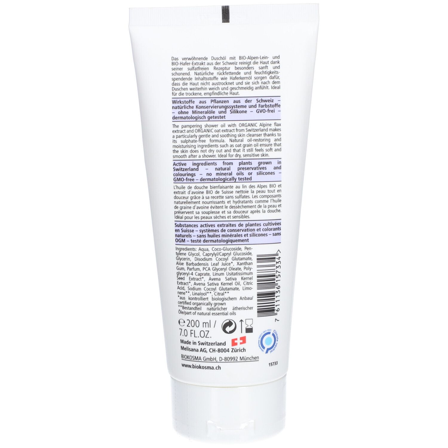 Dos du tube BIOKOSMA Duschöl. Texte: ingrédients, 200 ml, certifications. Fond blanc.