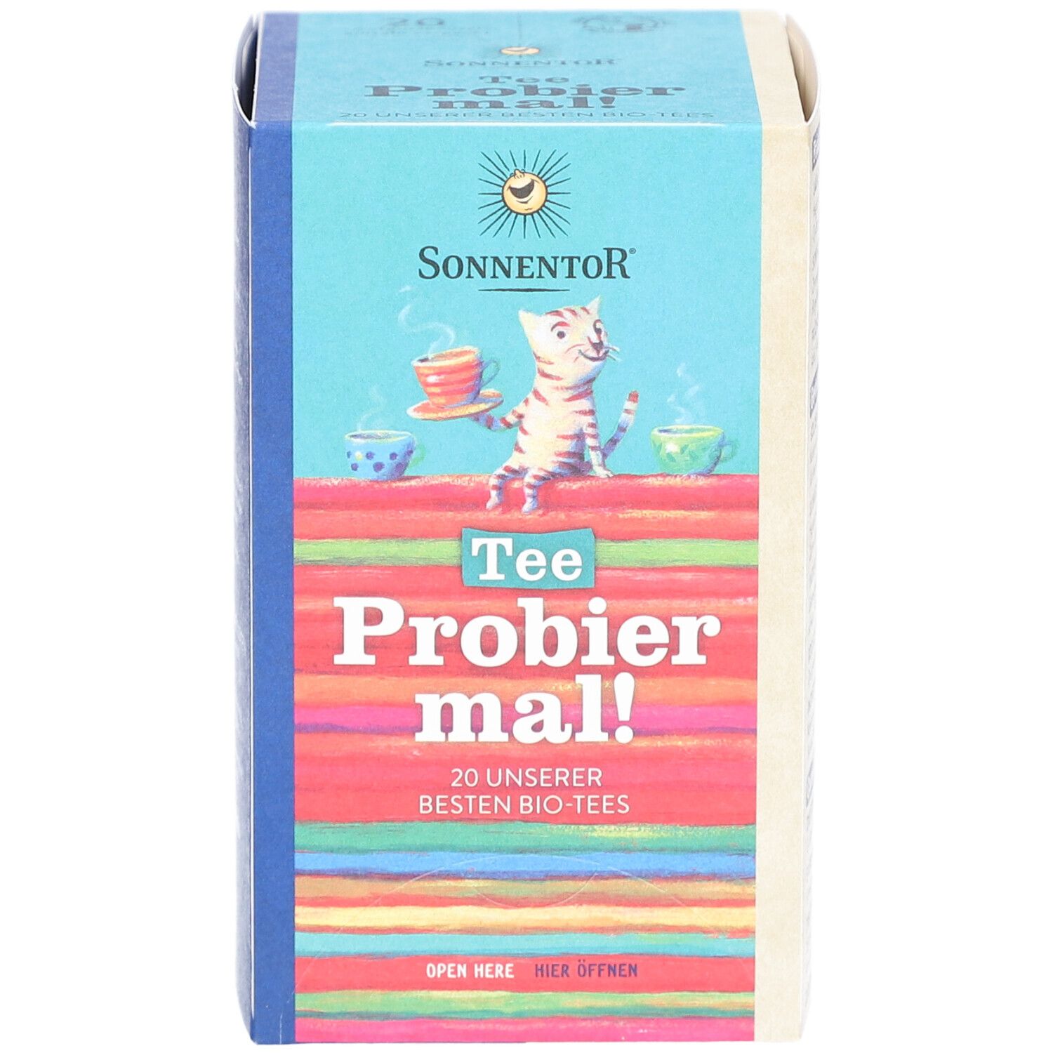 Sonnentor Tee Probier mal! Bio-Tees. Vorderseite mit Katze und Tassen. 20 Bio-Tees.