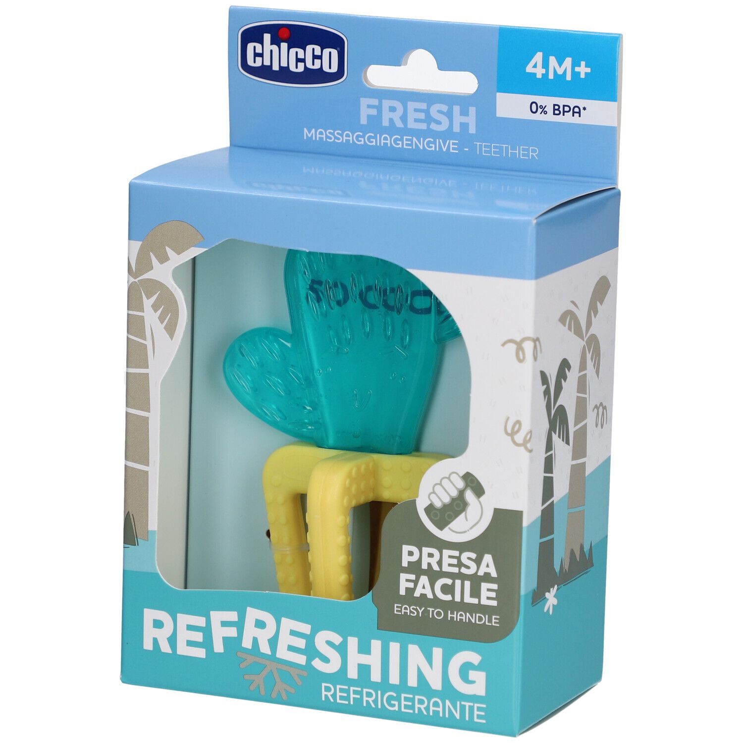 Blauer und gelber Beißring in Verpackung. Text: Chicco, Fresh, 4M+, Refreshing, Presa Facile.