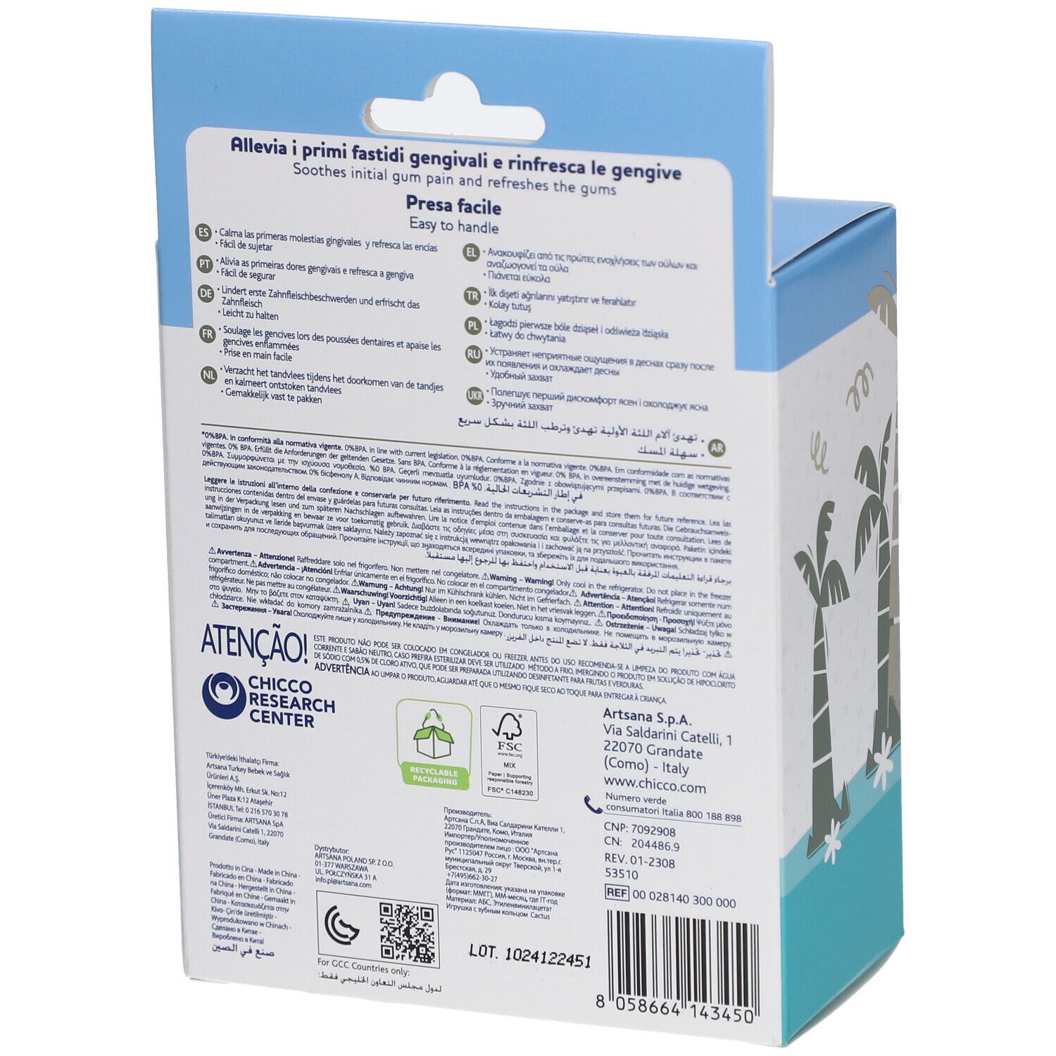 Rückseite der Verpackung. Text: Chicco Research Center, Informationen, Piktogramme.