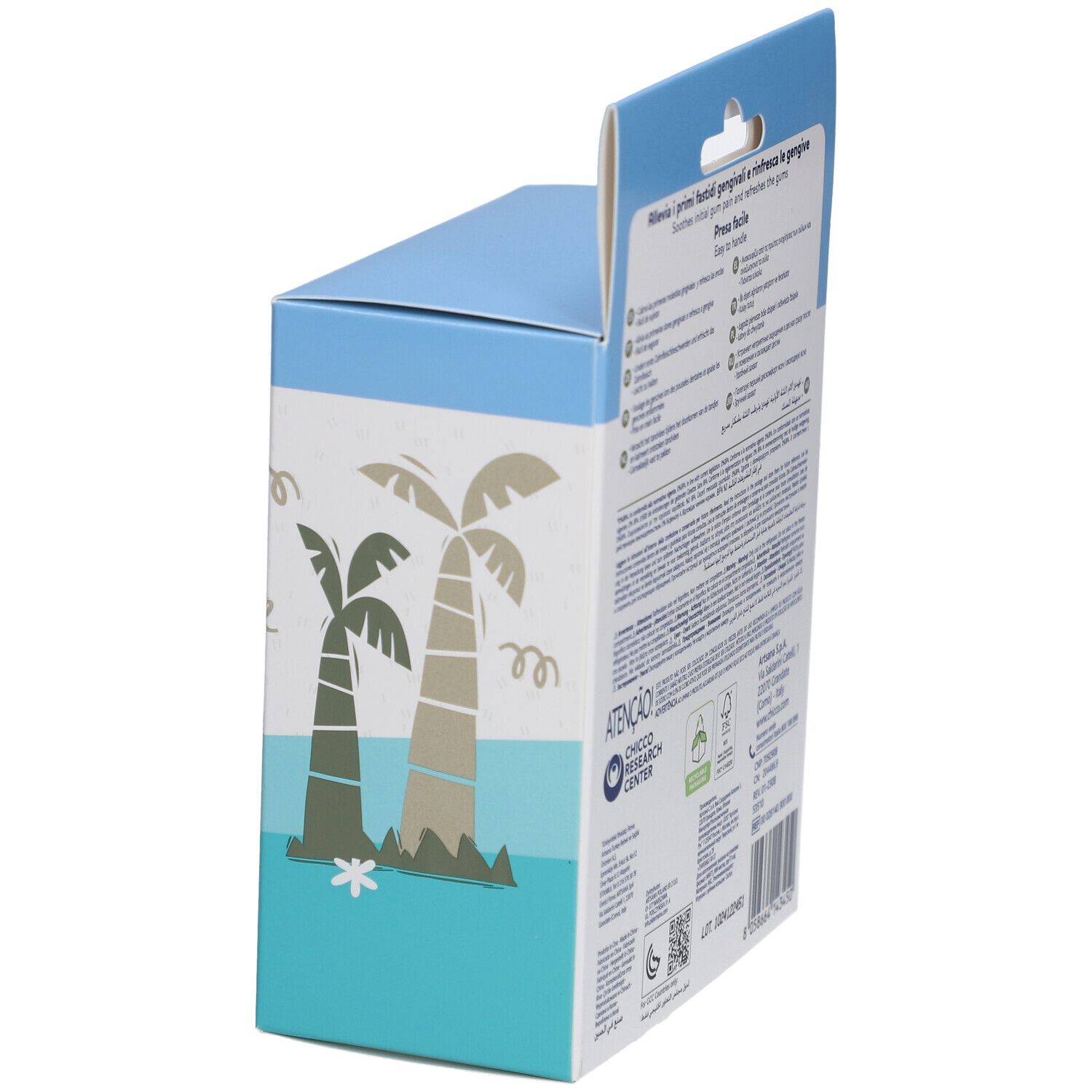 Verpackung, Seitenansicht. Text: Chicco, Presa Facile, Palmen-Motiv.