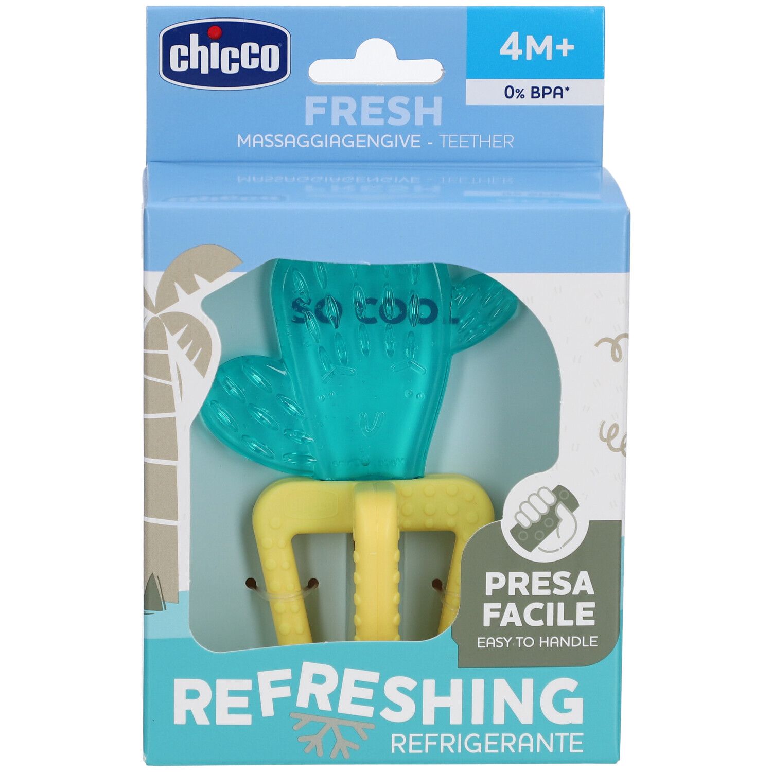 Blauer und gelber Beißring in Verpackung. Text: Chicco, Fresh, 4M+, Refreshing, Presa Facile.